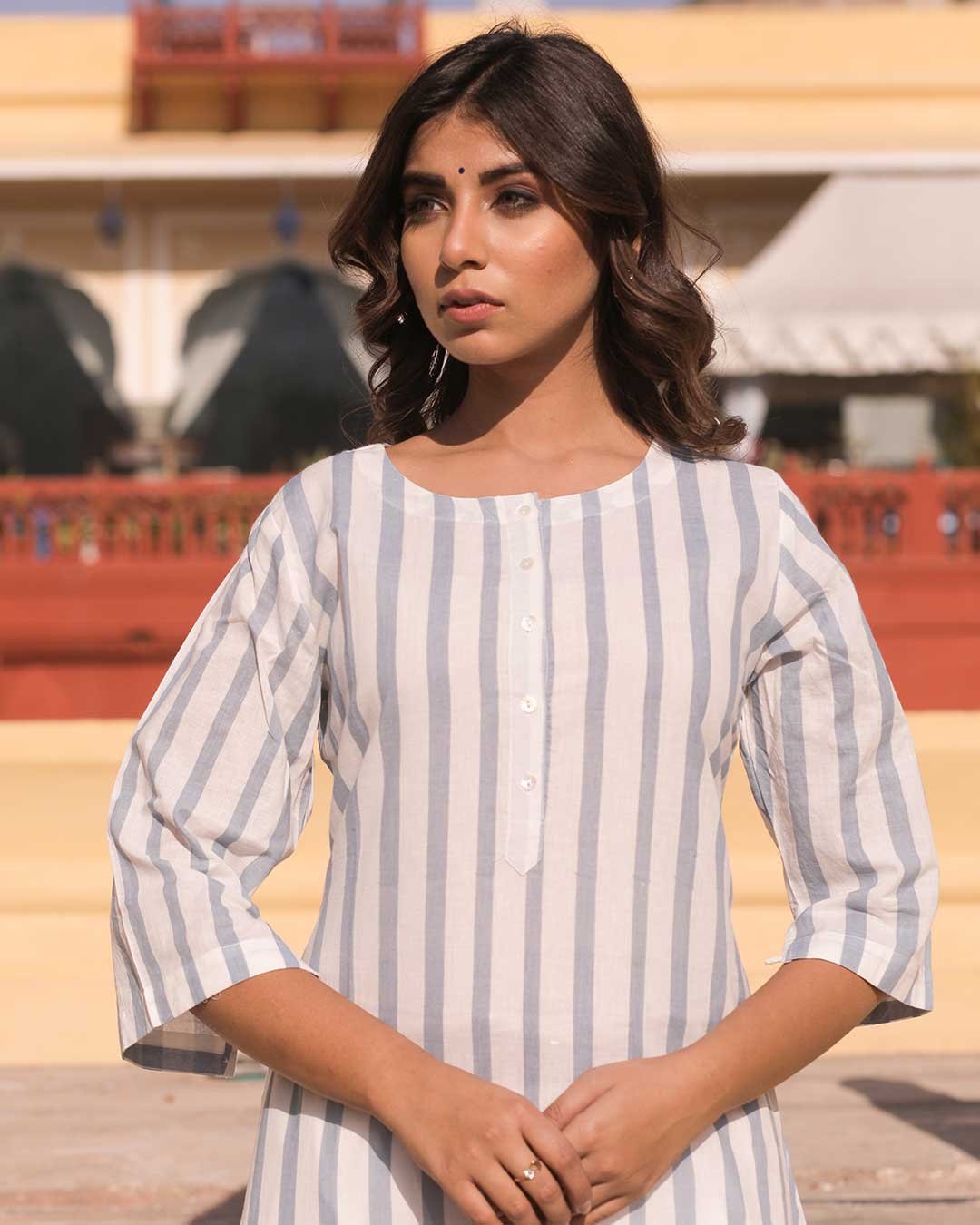 BLUE & WHITE STRIPED KURTA - Image 3
