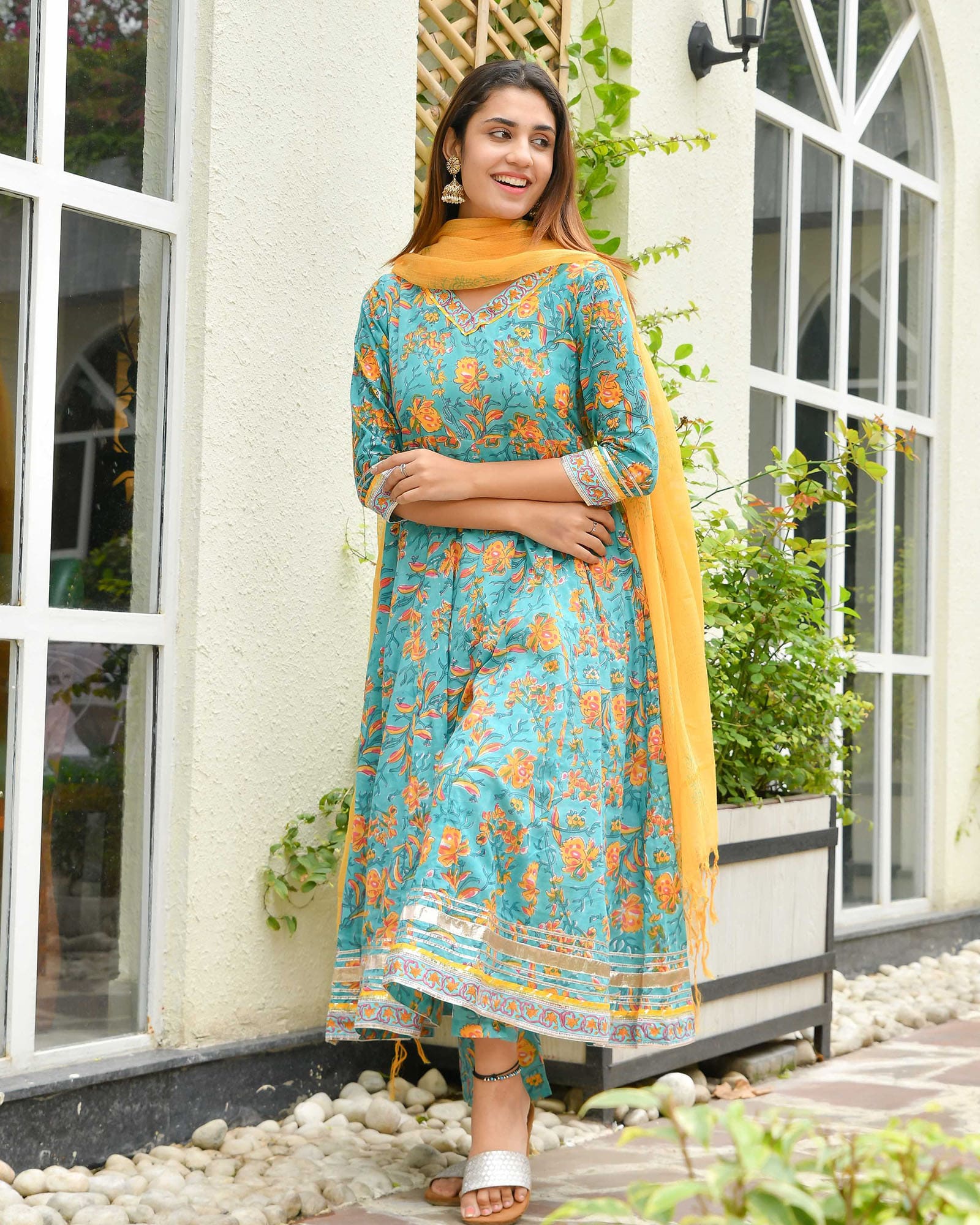 BLUE & YELLOW LEAF PRINT HANDBLOCK ANARKALI - Image 3