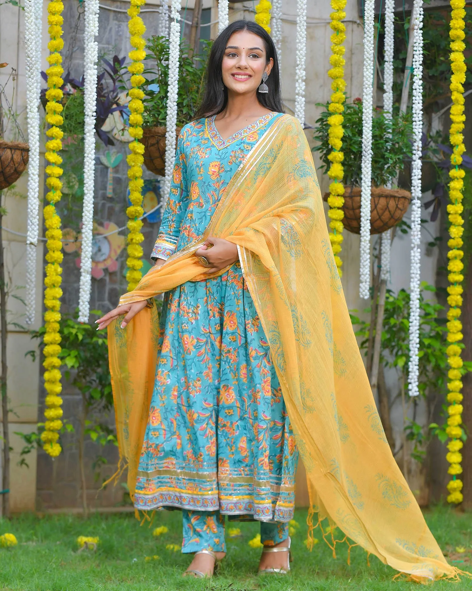 BLUE & YELLOW LEAF PRINT HANDBLOCK ANARKALI - Image 4