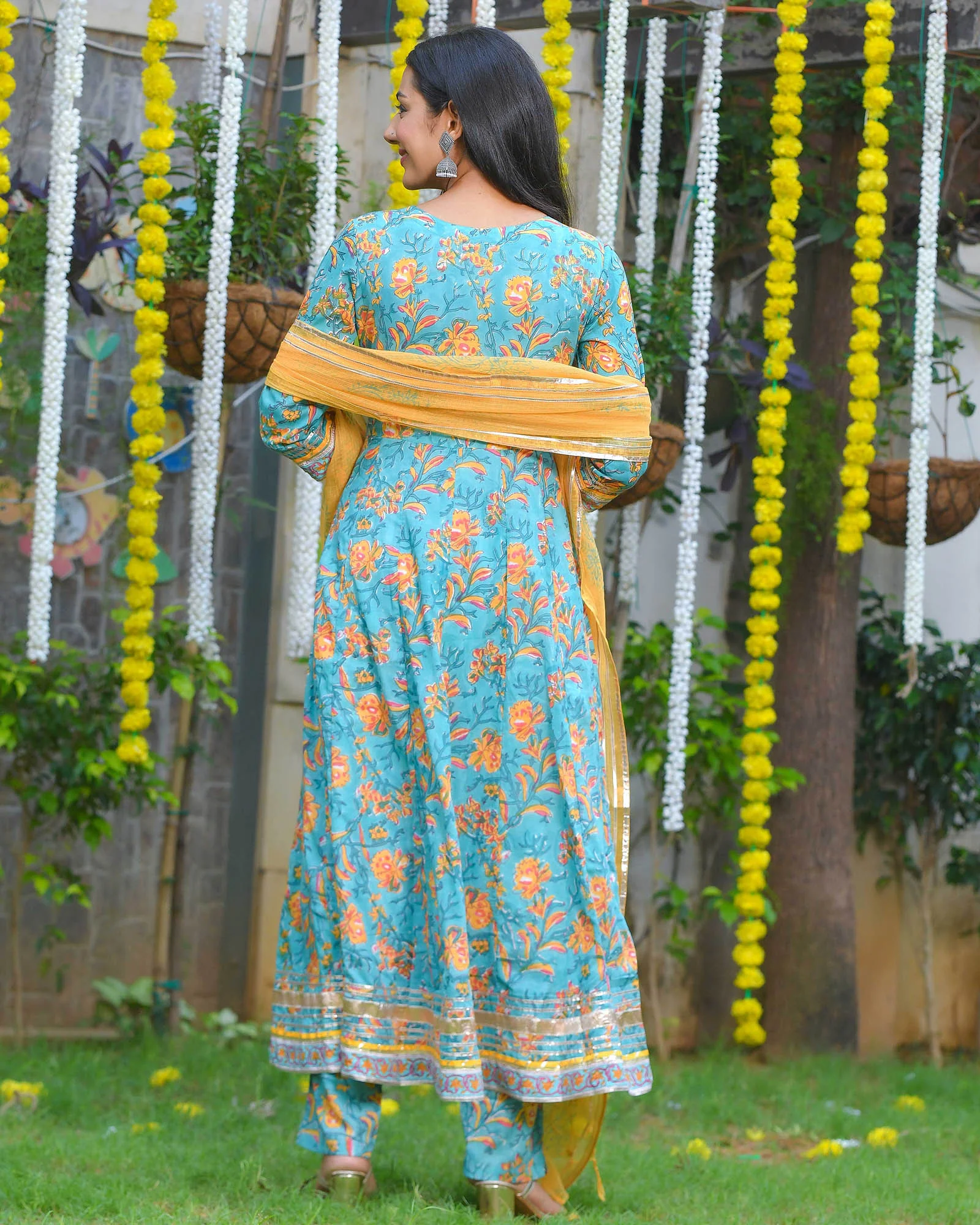 BLUE & YELLOW LEAF PRINT HANDBLOCK ANARKALI - Image 5