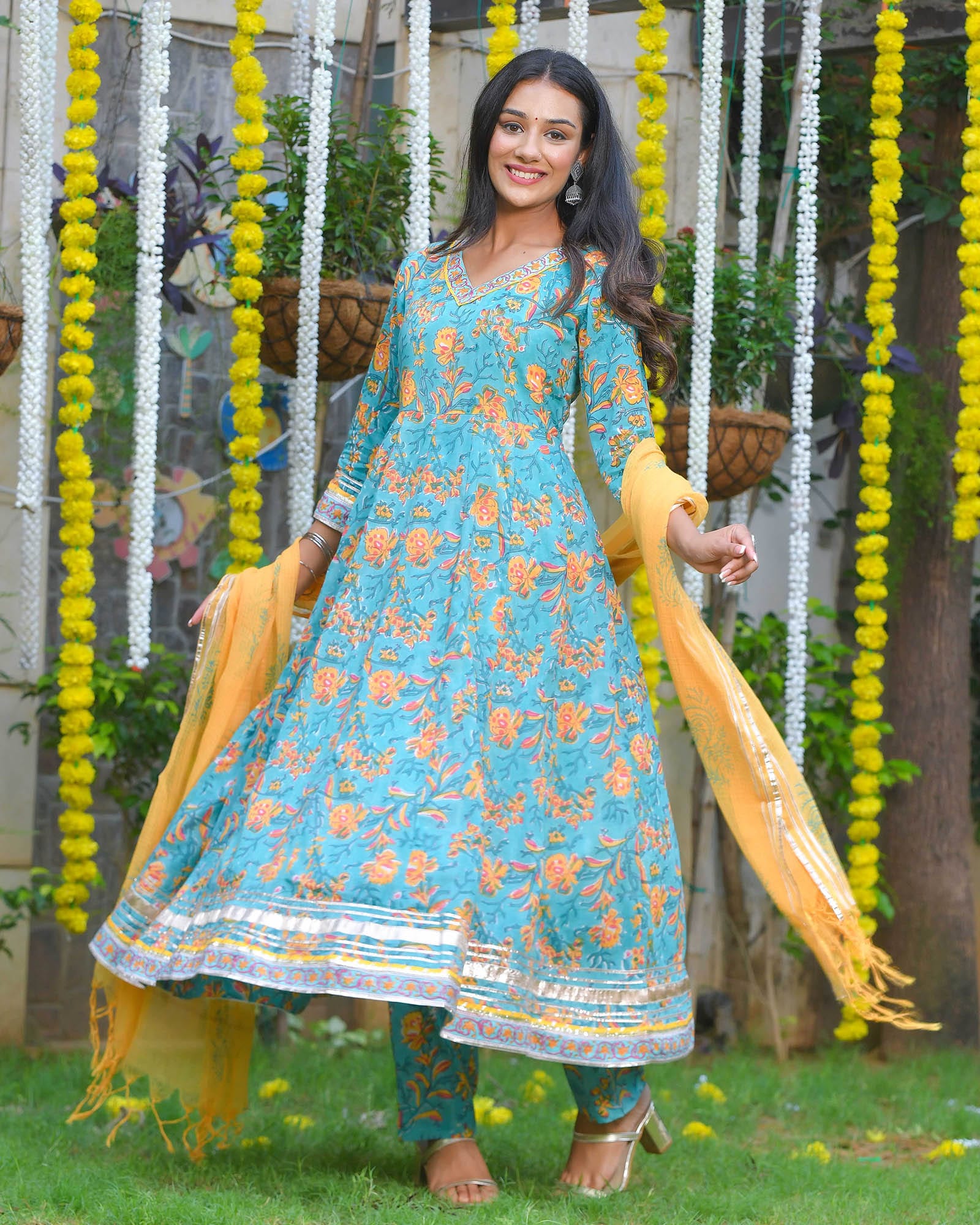 BLUE & YELLOW LEAF PRINT HANDBLOCK ANARKALI - Image 7
