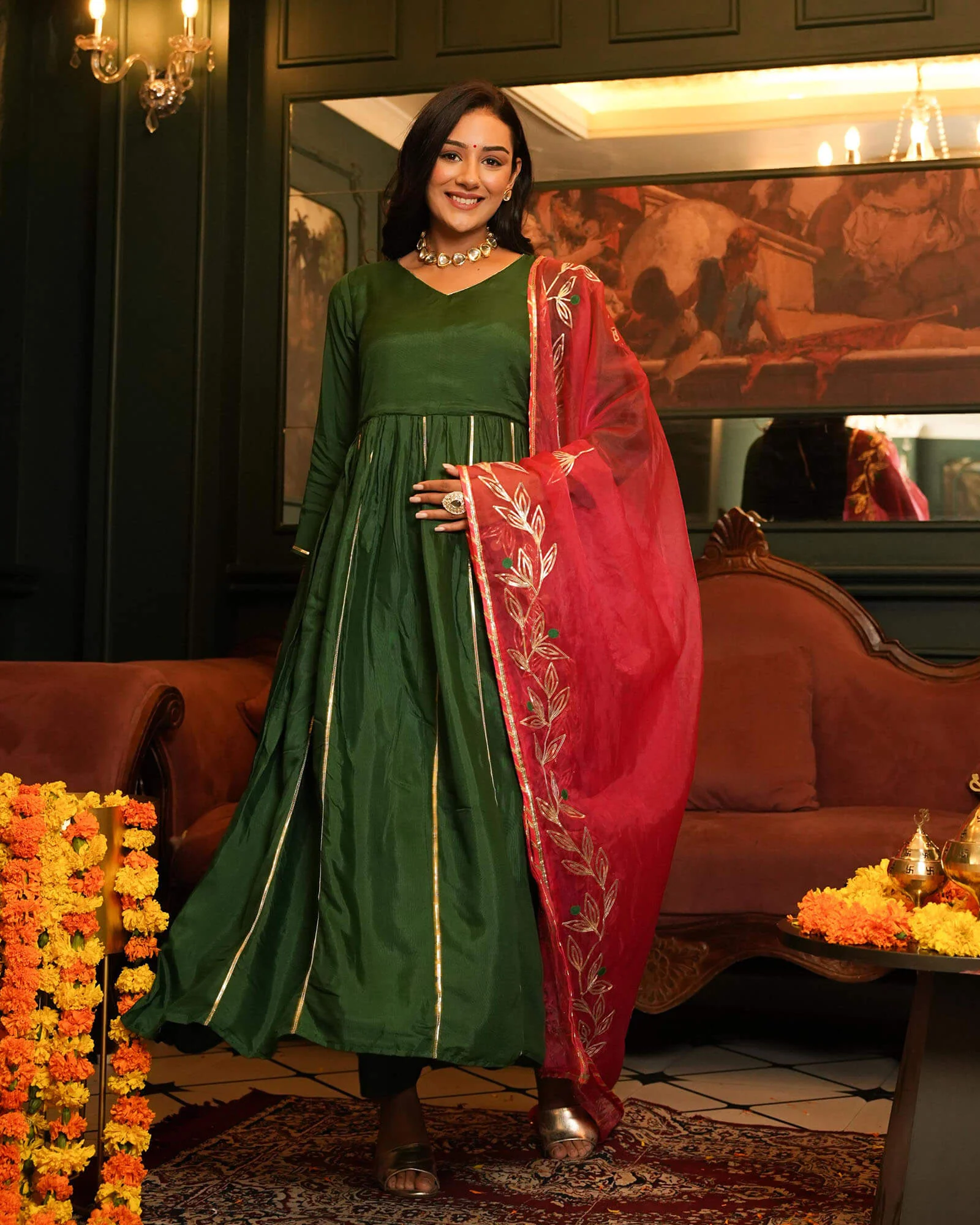 BOTTLE GREEN SHANTUNG ANARKALI SUIT SET - Image 3