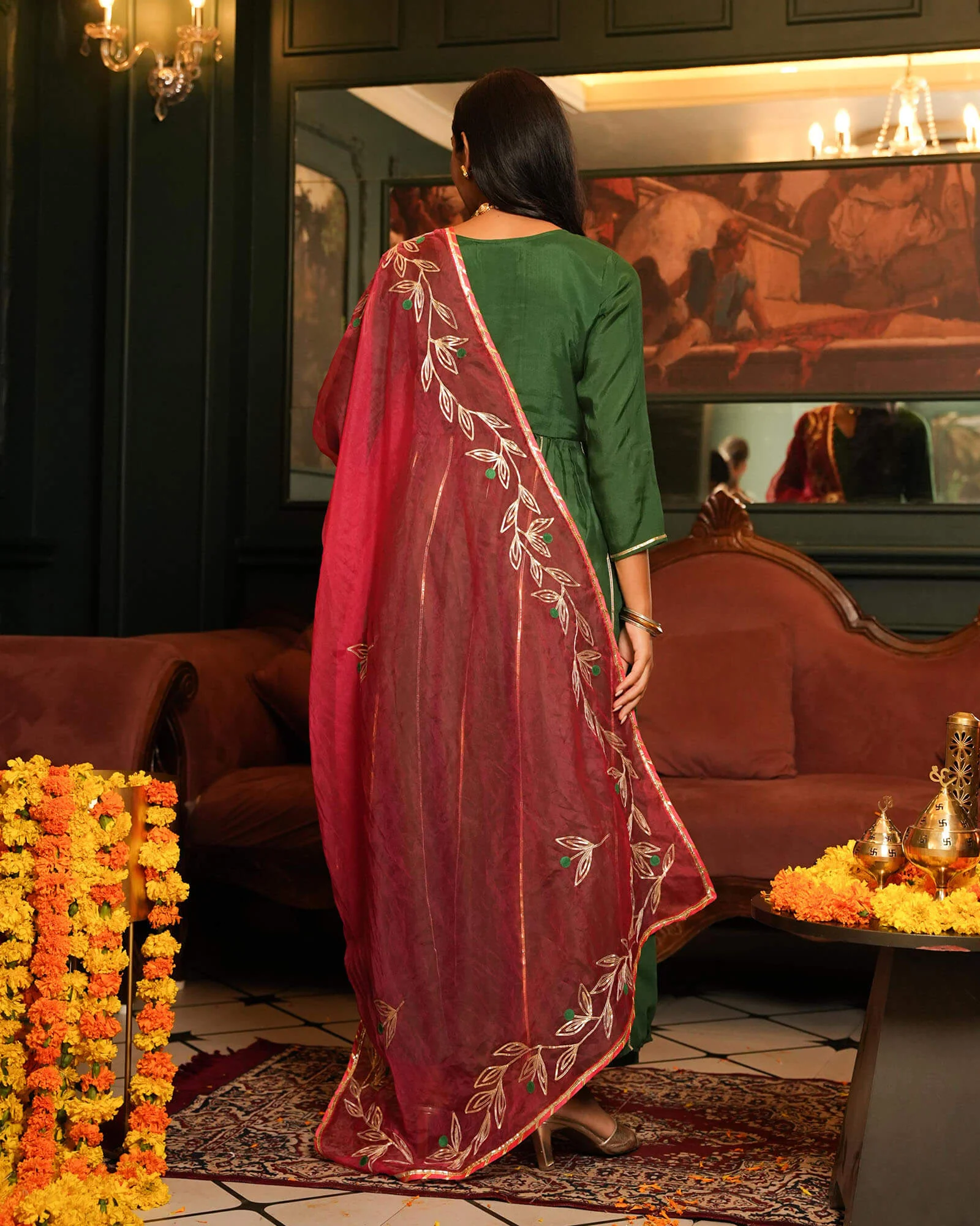 BOTTLE GREEN SHANTUNG ANARKALI SUIT SET - Image 4