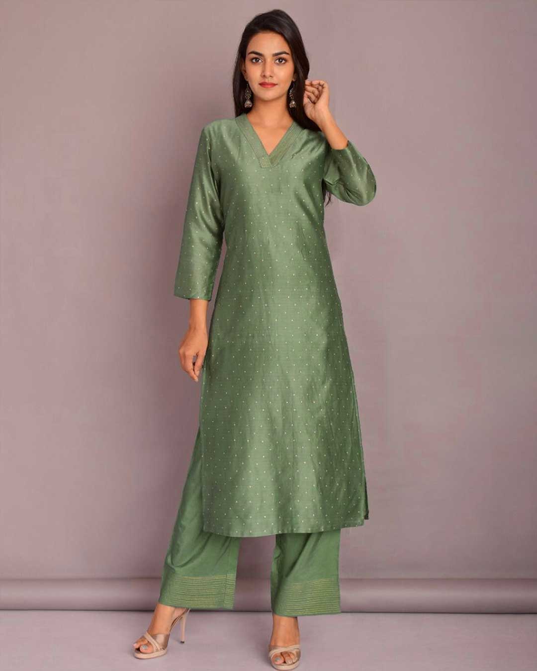 CHANDERI SILK GREEN SUIT SET - Image 3