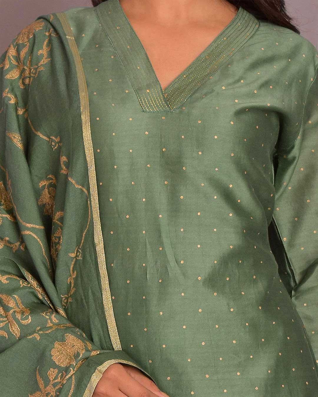 CHANDERI SILK GREEN SUIT SET - Image 4