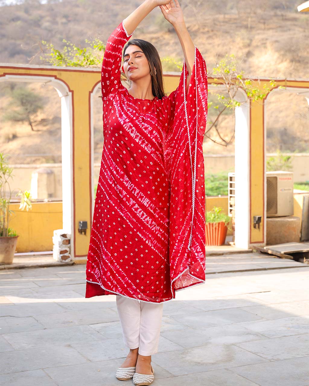 CRIMSON RED BANDHEJ SHANTUNG KURTA - Image 3