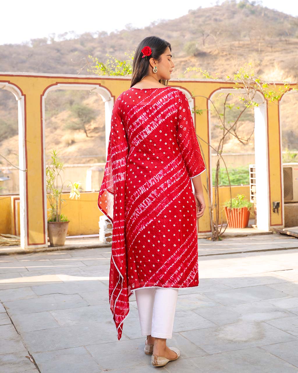 CRIMSON RED BANDHEJ SHANTUNG KURTA - Image 4