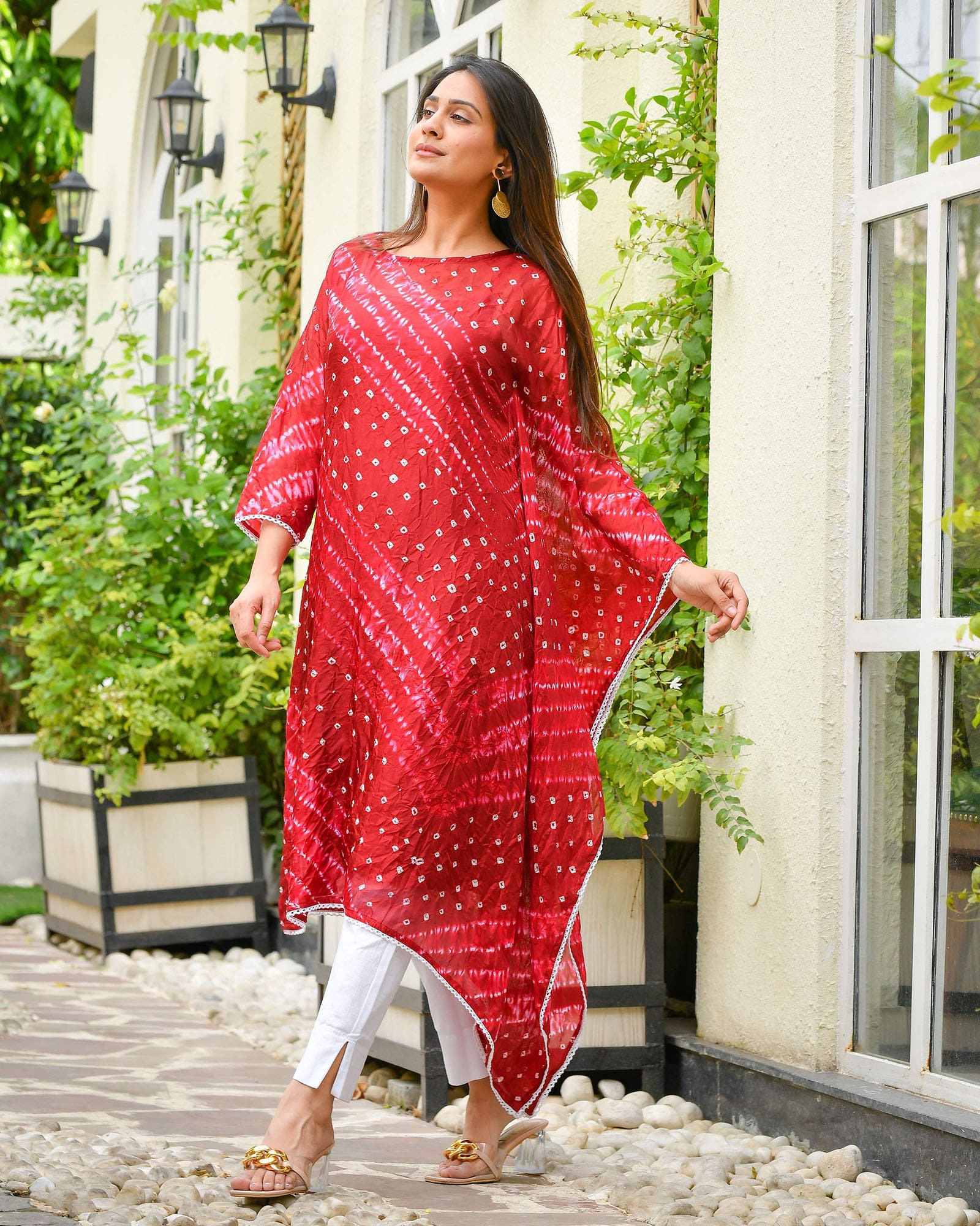 CRIMSON RED BANDHEJ SHANTUNG KURTA - Image 5