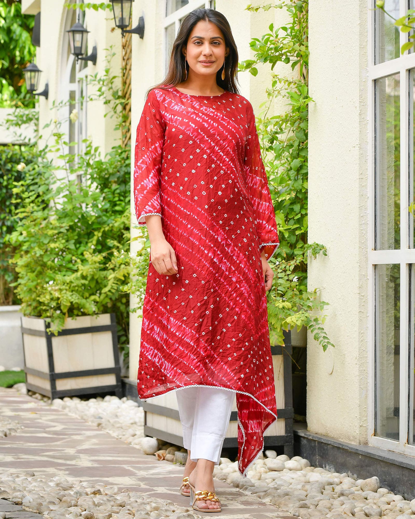 CRIMSON RED BANDHEJ SHANTUNG KURTA - Image 6