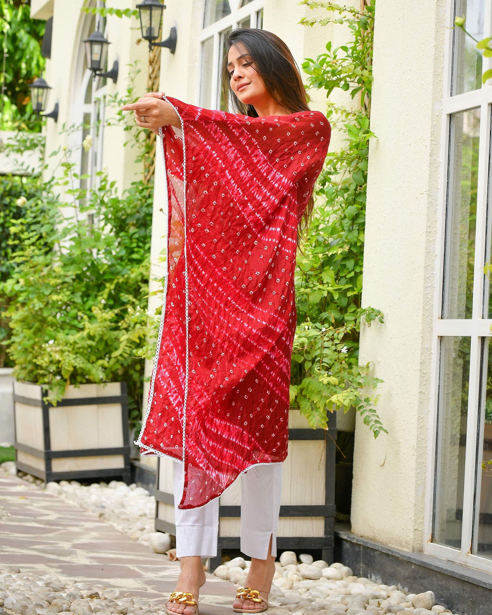 CRIMSON RED BANDHEJ SHANTUNG KURTA - Image 8