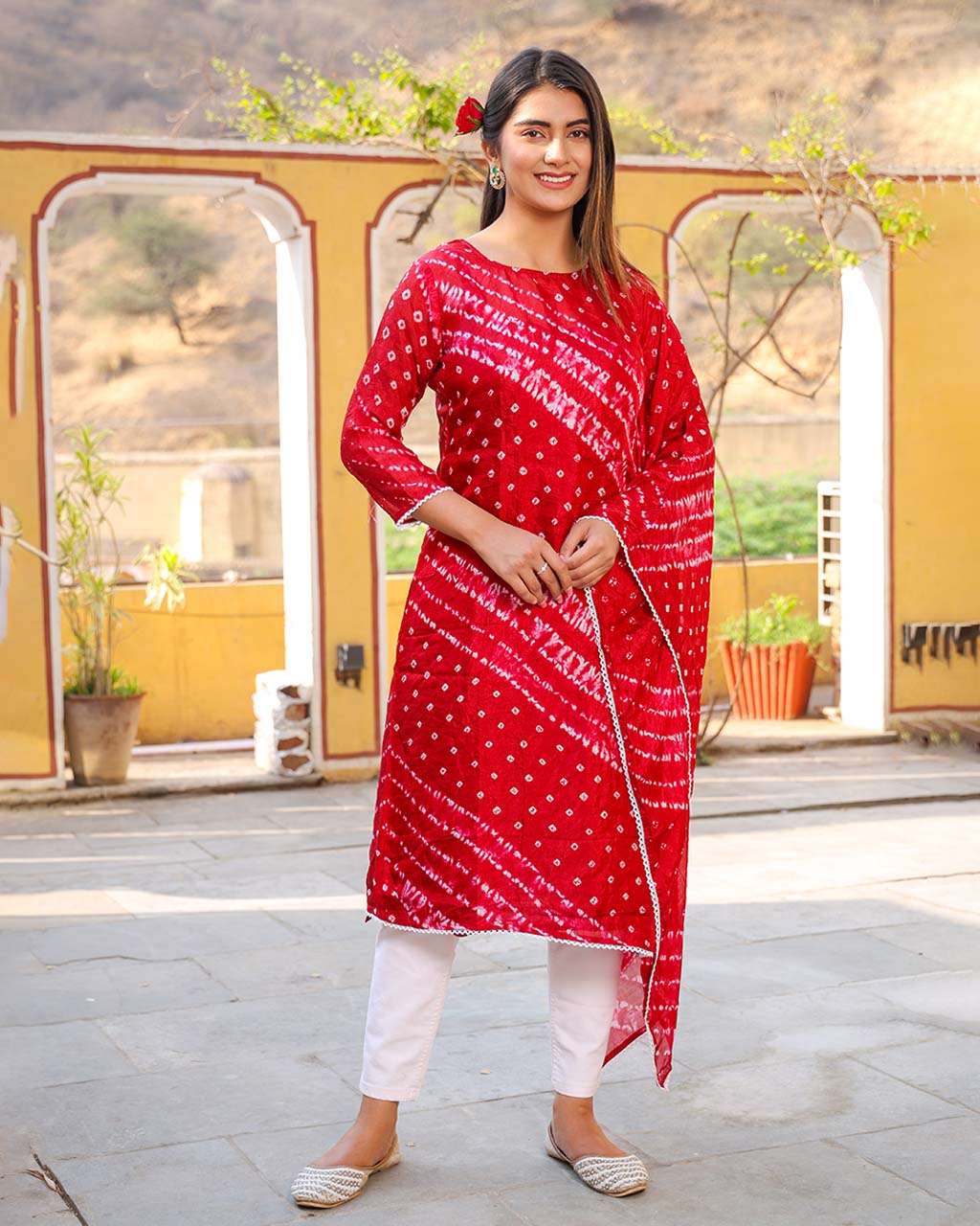CRIMSON RED BANDHEJ SHANTUNG KURTA - Image 9