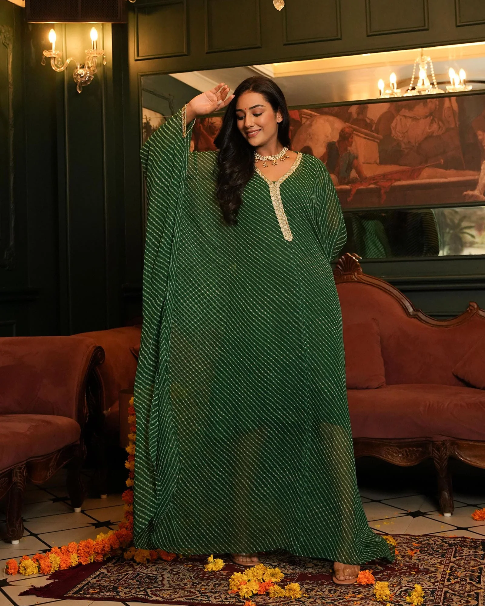GREEN BANDHEJ FABRIC KAFTAN WITH INNER - Image 3