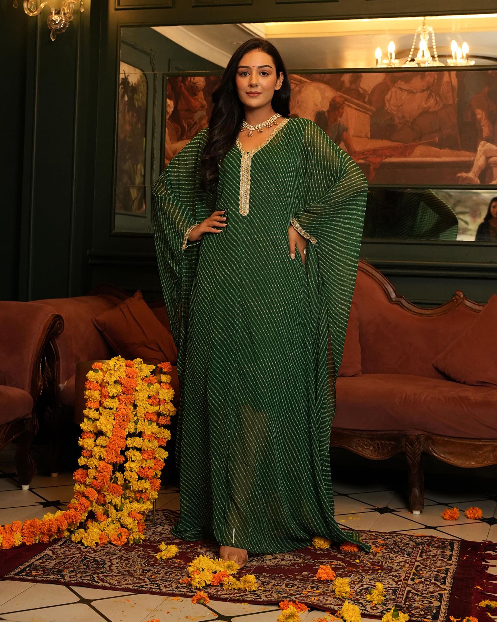 GREEN BANDHEJ FABRIC KAFTAN WITH INNER - Image 4