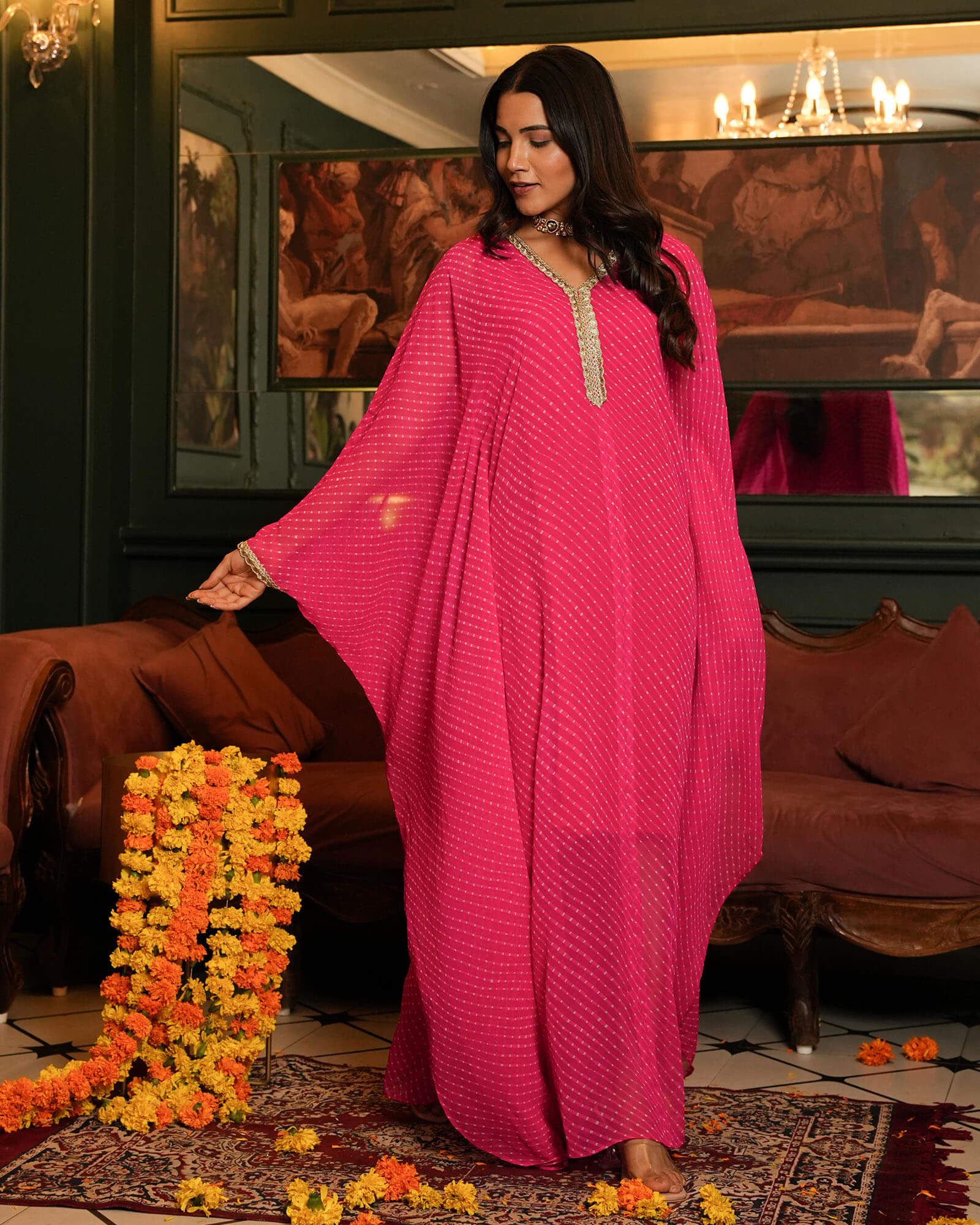 PINK BANDHEJ FABRIC KAFTAN WITH INNER - Image 3