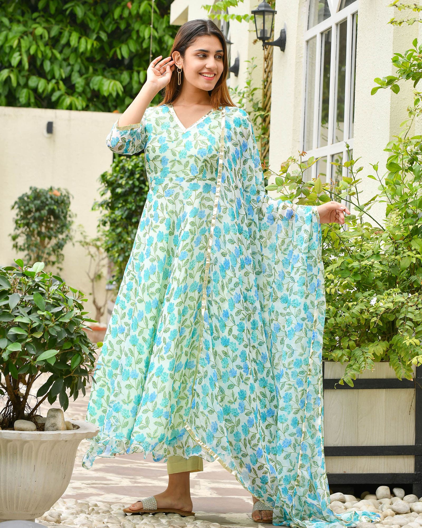 GREEN & BLUE CHIFFON ANARKALI SUIT SET - Image 3