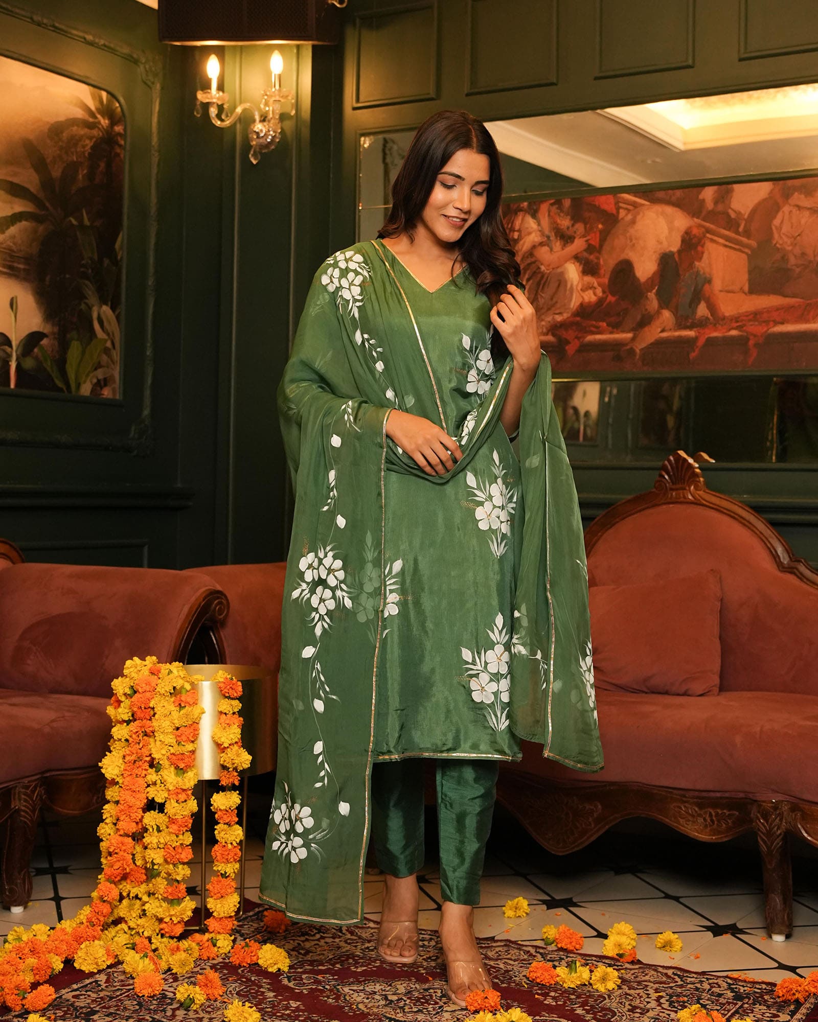 GREEN HAND PAINTED OPADA SUIT SET - Image 3