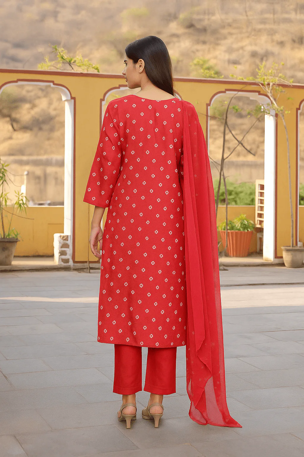 MAROON COTTON SILK BANDHEJ SUIT SET - Image 5