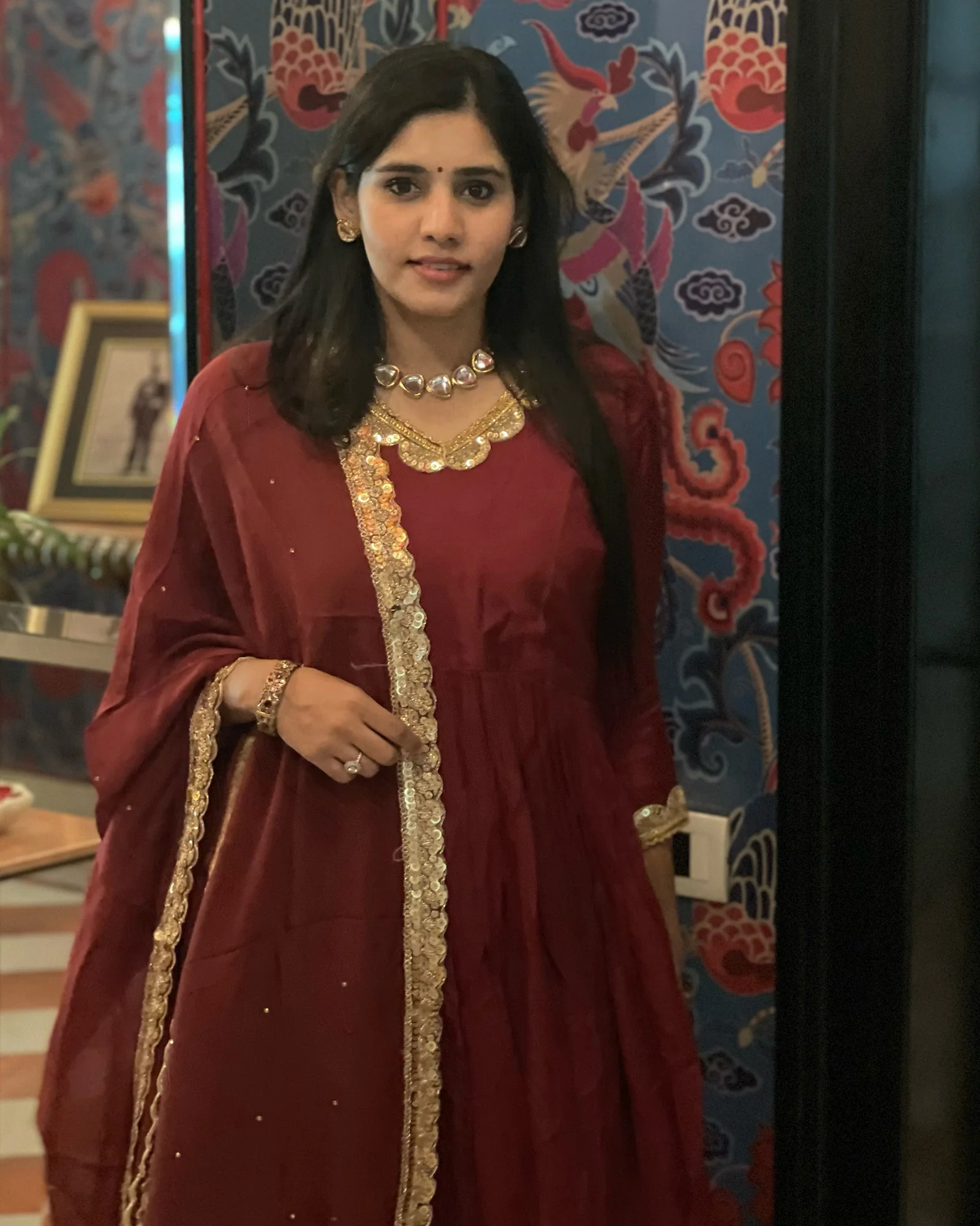 MAROON SHANTUNG EMBROIDERED ANARKALI SET - Image 3