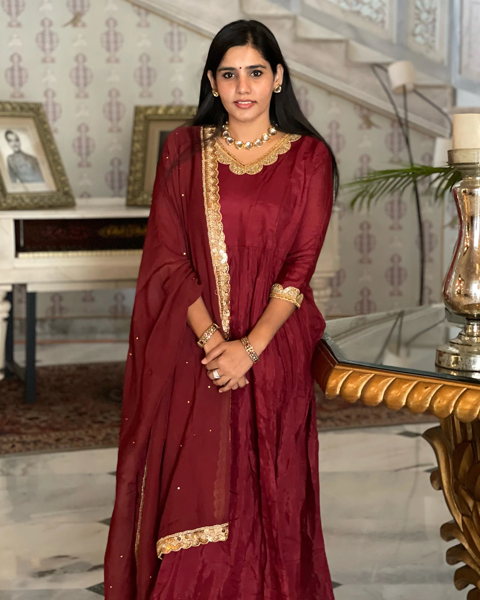 MAROON SHANTUNG EMBROIDERED ANARKALI SET - Image 4