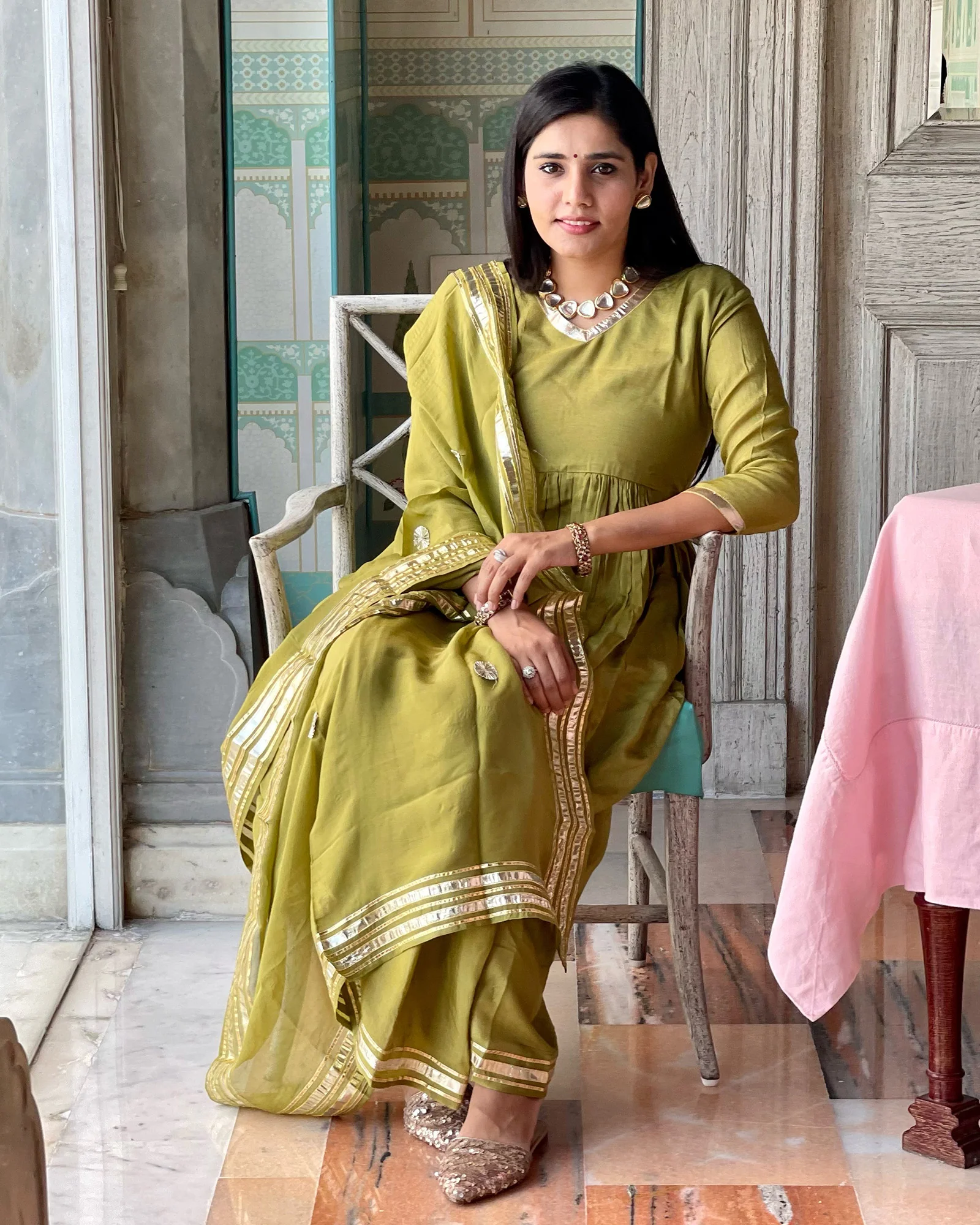 OLIVE SHANTUNG ANARKALI SUIT SET WITH GOTA WORK - Image 3