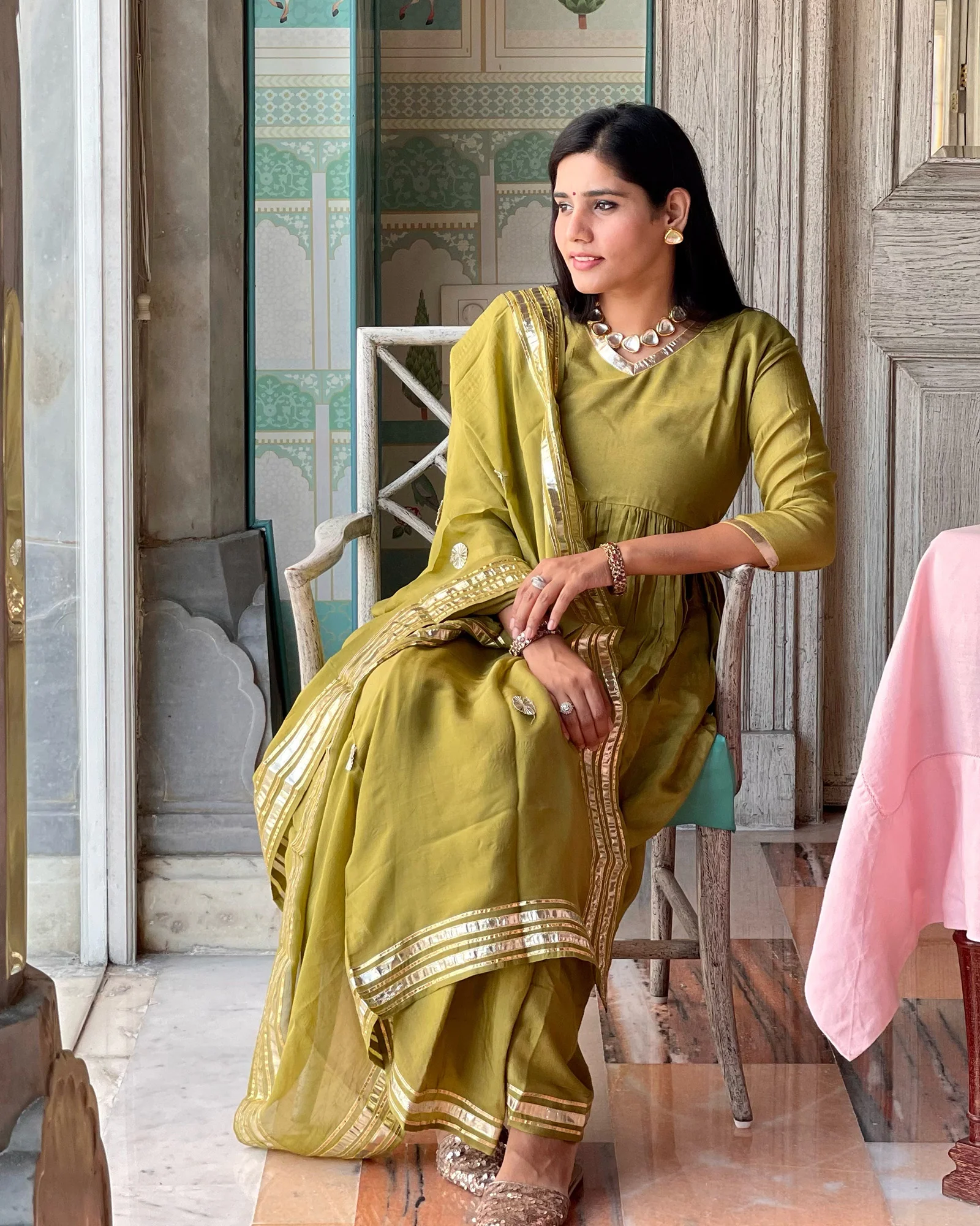 OLIVE SHANTUNG ANARKALI SUIT SET WITH GOTA WORK - Image 4