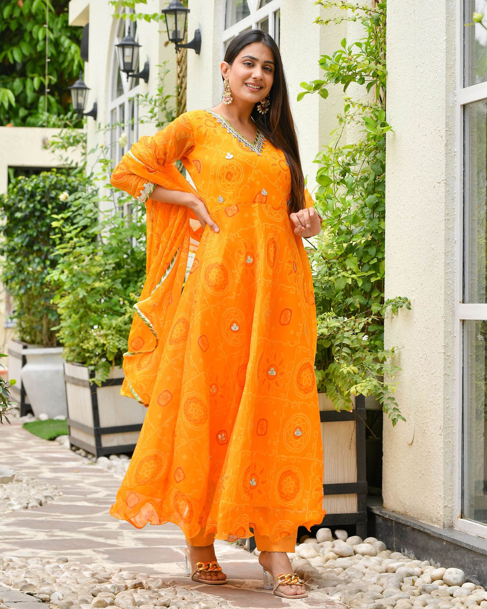 ORANGE CHIFFON BANDHEJ ANARKALI SUIT SET - Image 3