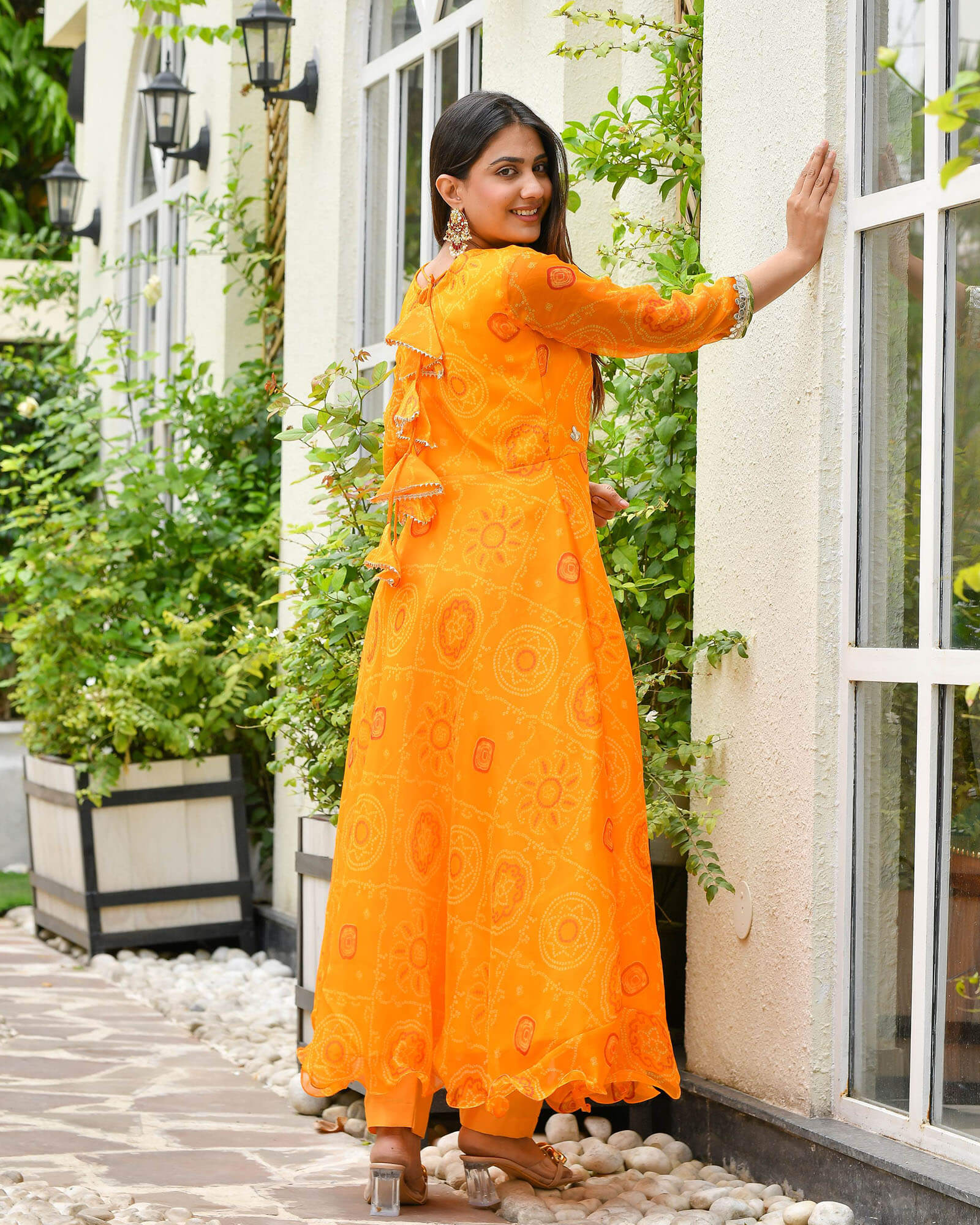 ORANGE CHIFFON BANDHEJ ANARKALI SUIT SET - Image 4