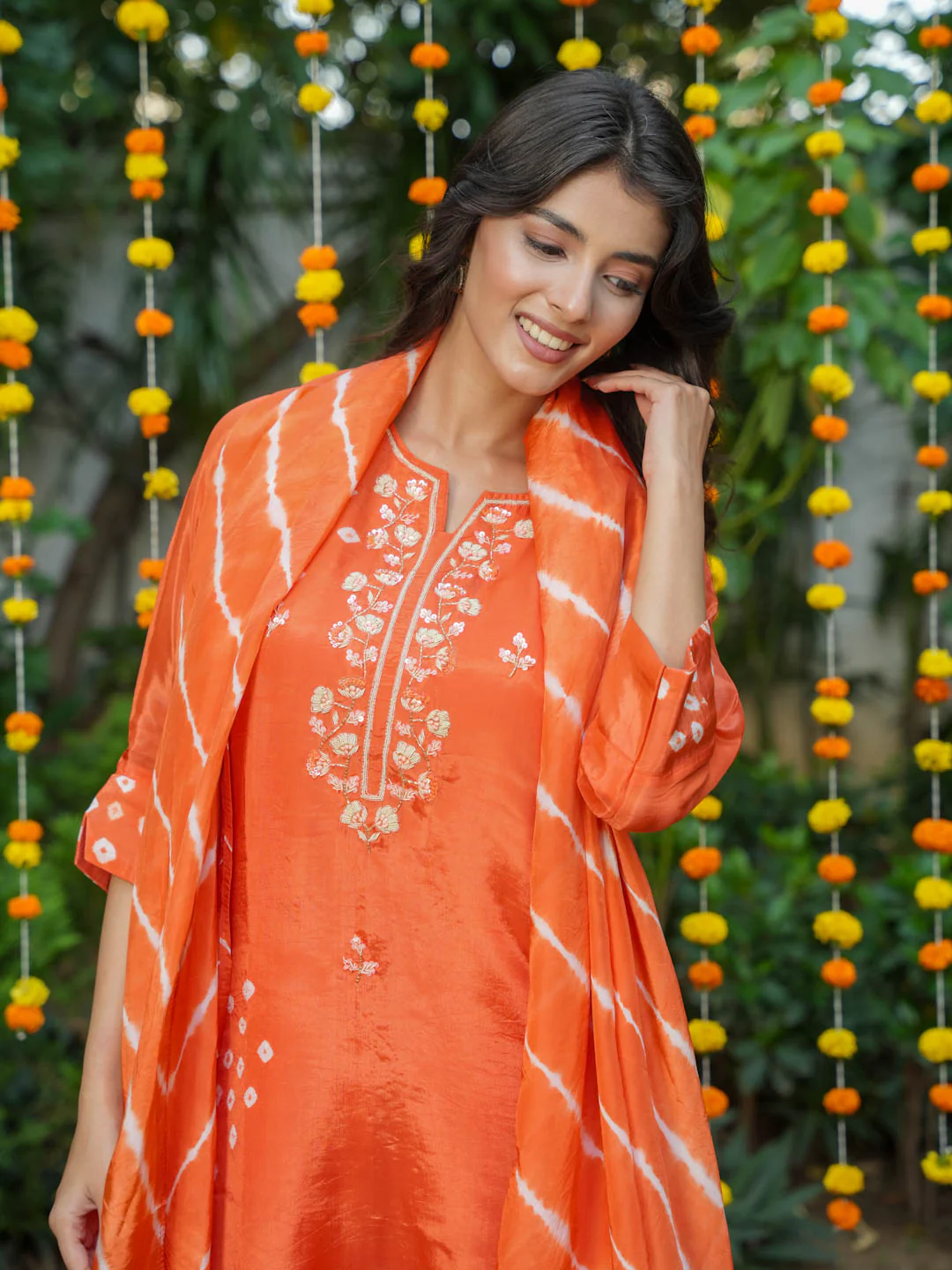 ORANGE HANDWORK AND BANDHEJ WORK SUIT SET - Image 3
