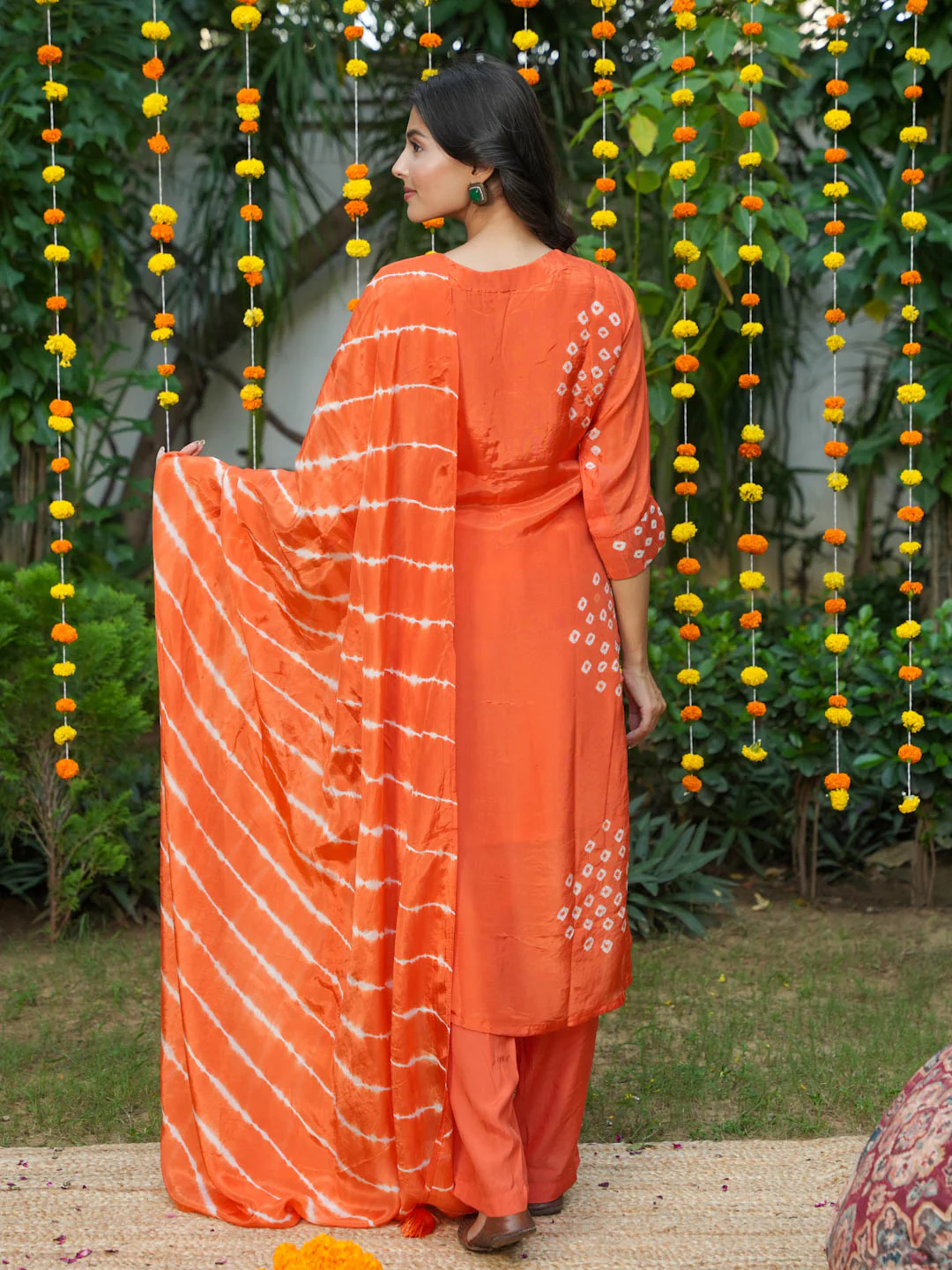 ORANGE HANDWORK AND BANDHEJ WORK SUIT SET - Image 4