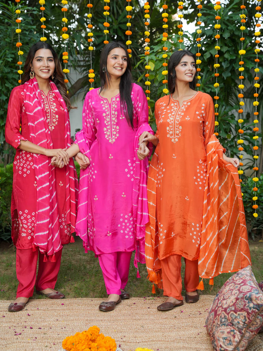 ORANGE HANDWORK AND BANDHEJ WORK SUIT SET - Image 5