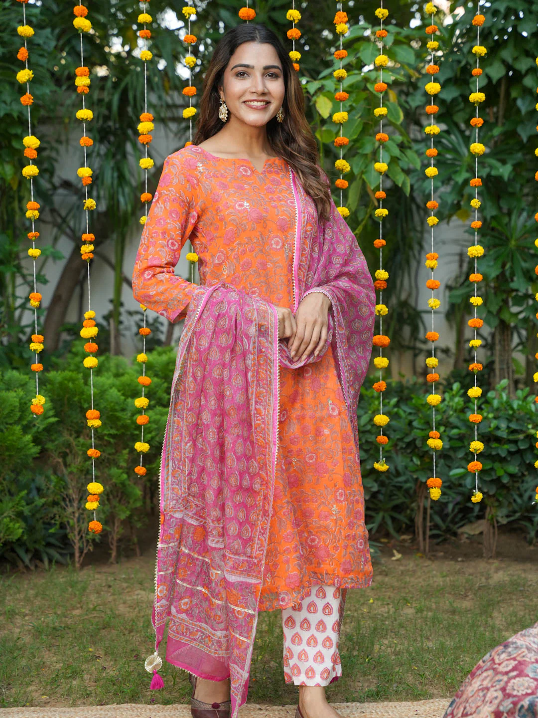 ORANGE KOTA DORIA SUIT SET WITH HANDBLOCK AND GOTTA WORK - Image 3