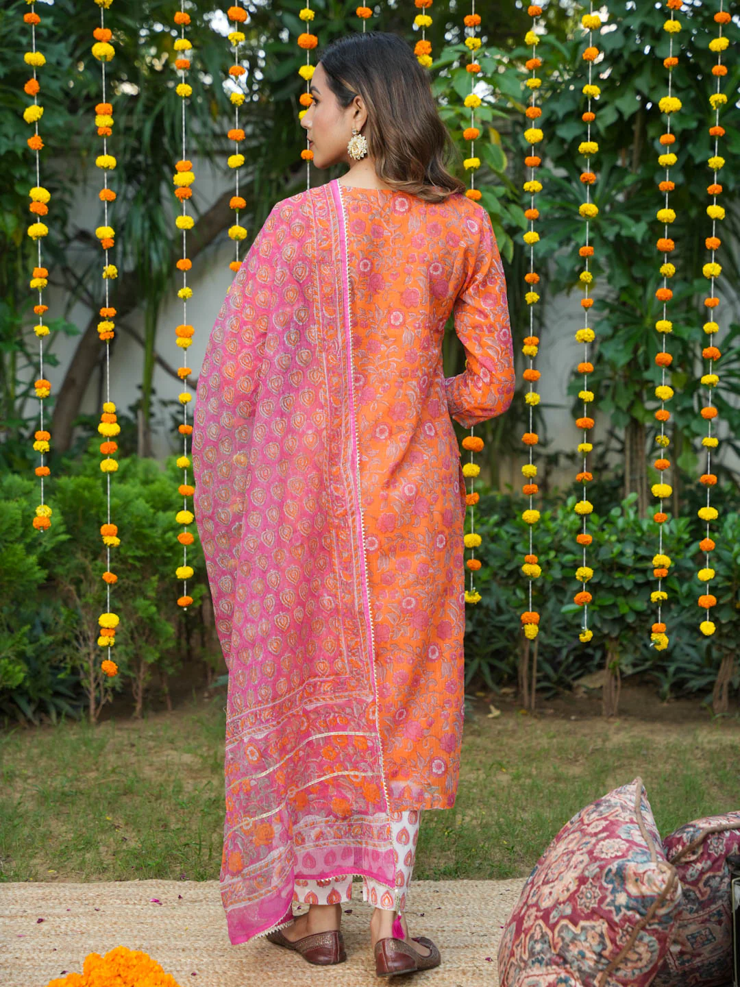 ORANGE KOTA DORIA SUIT SET WITH HANDBLOCK AND GOTTA WORK - Image 4