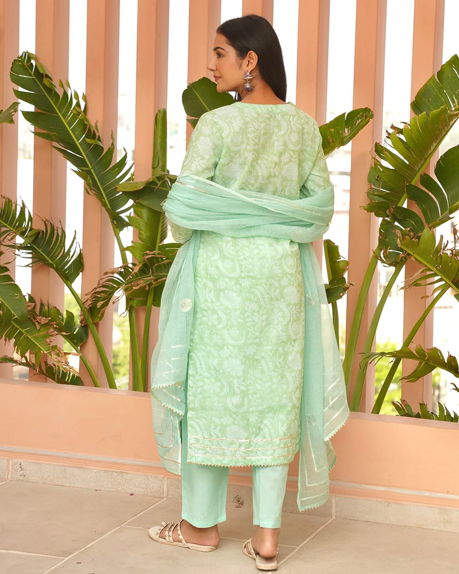 PASTEL GREEN HANDBLOCK KOTA DORIA SUIT SET WITH GOTTA WORK - Image 4