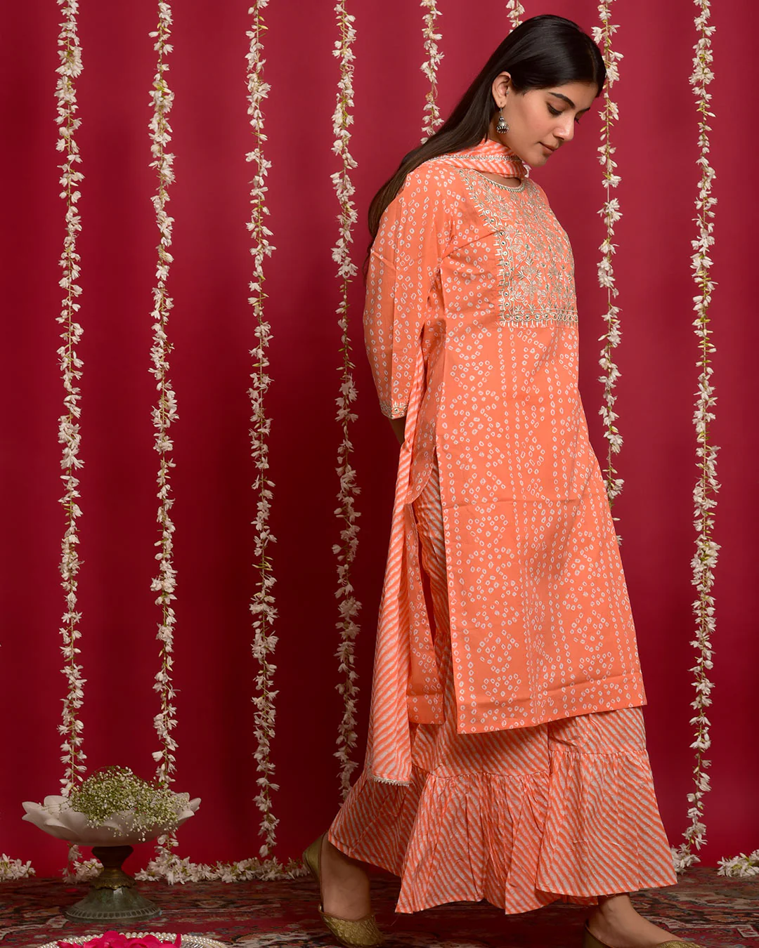 PEACH BANDHEJ SUIT SET - Image 3