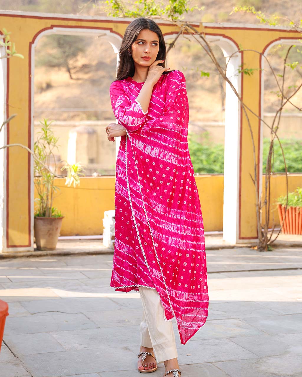 PINK BANDHEJ SHANTUNG KURTA - Image 3