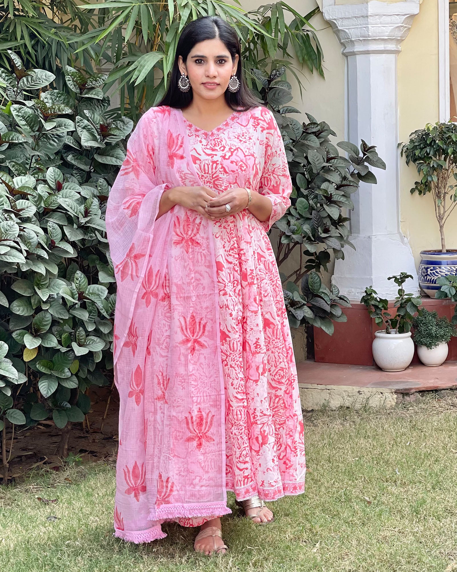 PINK FLORAL HANDBLOCK ANARKALI SUIT SET - Image 5