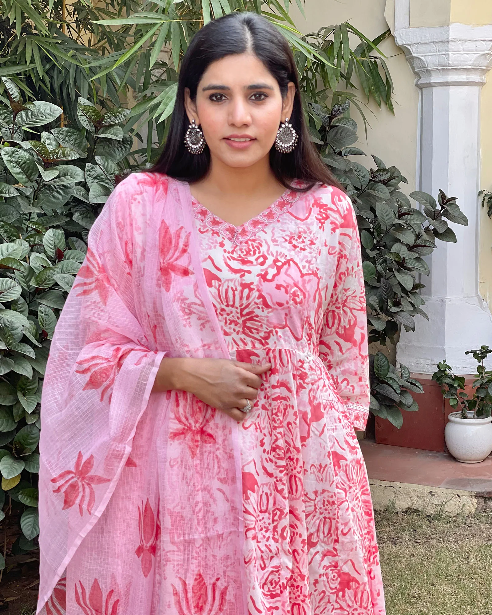 PINK FLORAL HANDBLOCK ANARKALI SUIT SET - Image 6