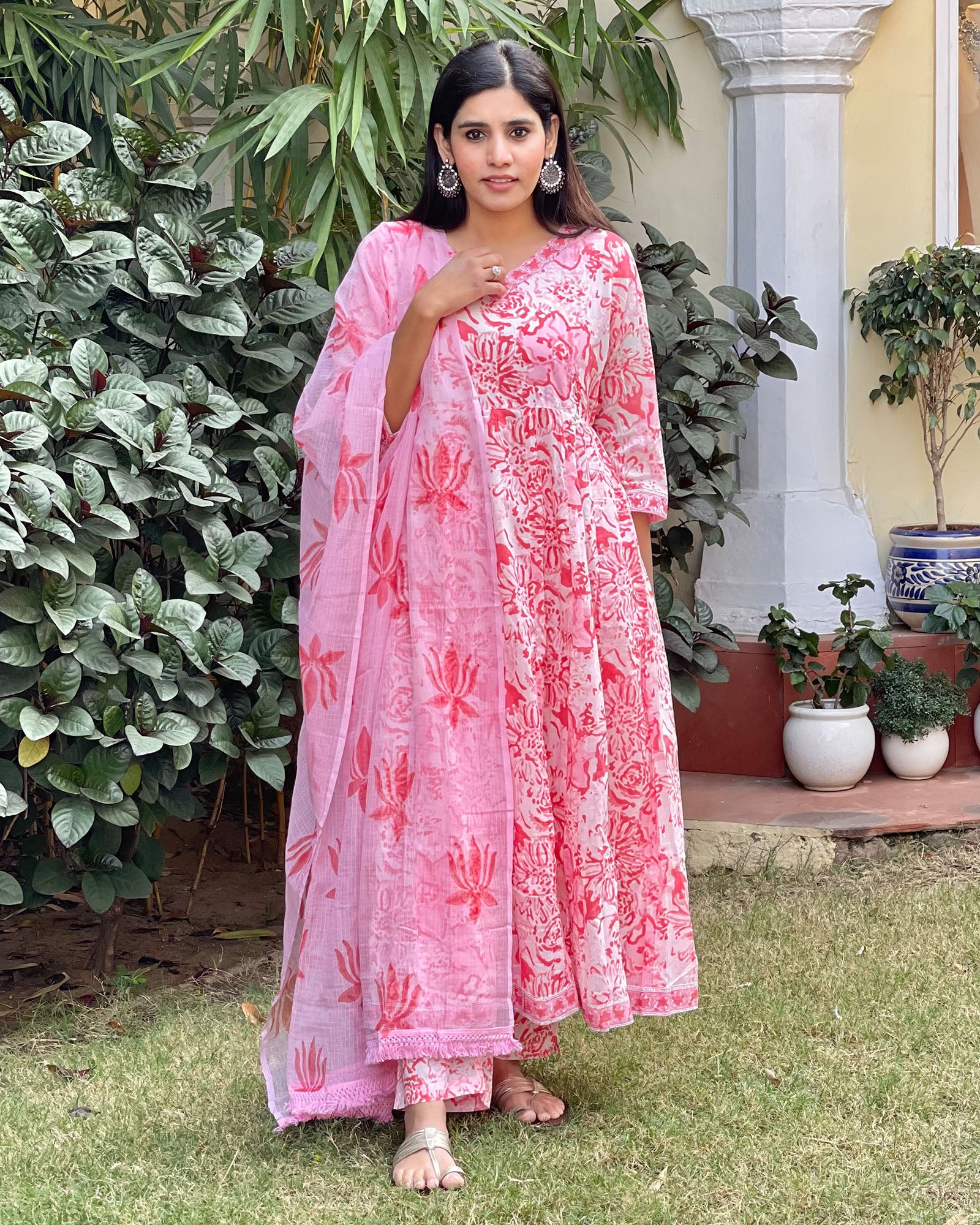 PINK FLORAL HANDBLOCK ANARKALI SUIT SET - Image 7