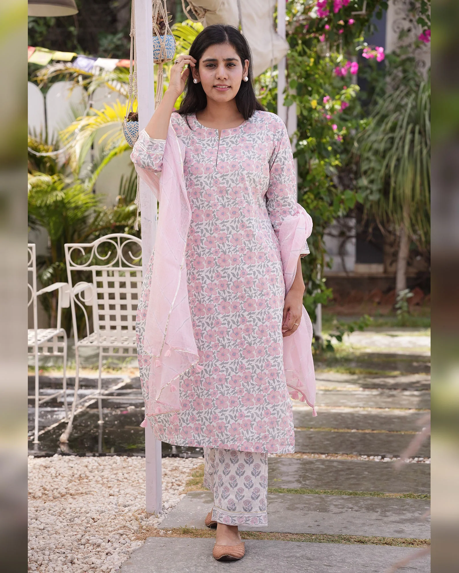 PINK FLOWER PRINT COTTON SUIT SET - Image 5