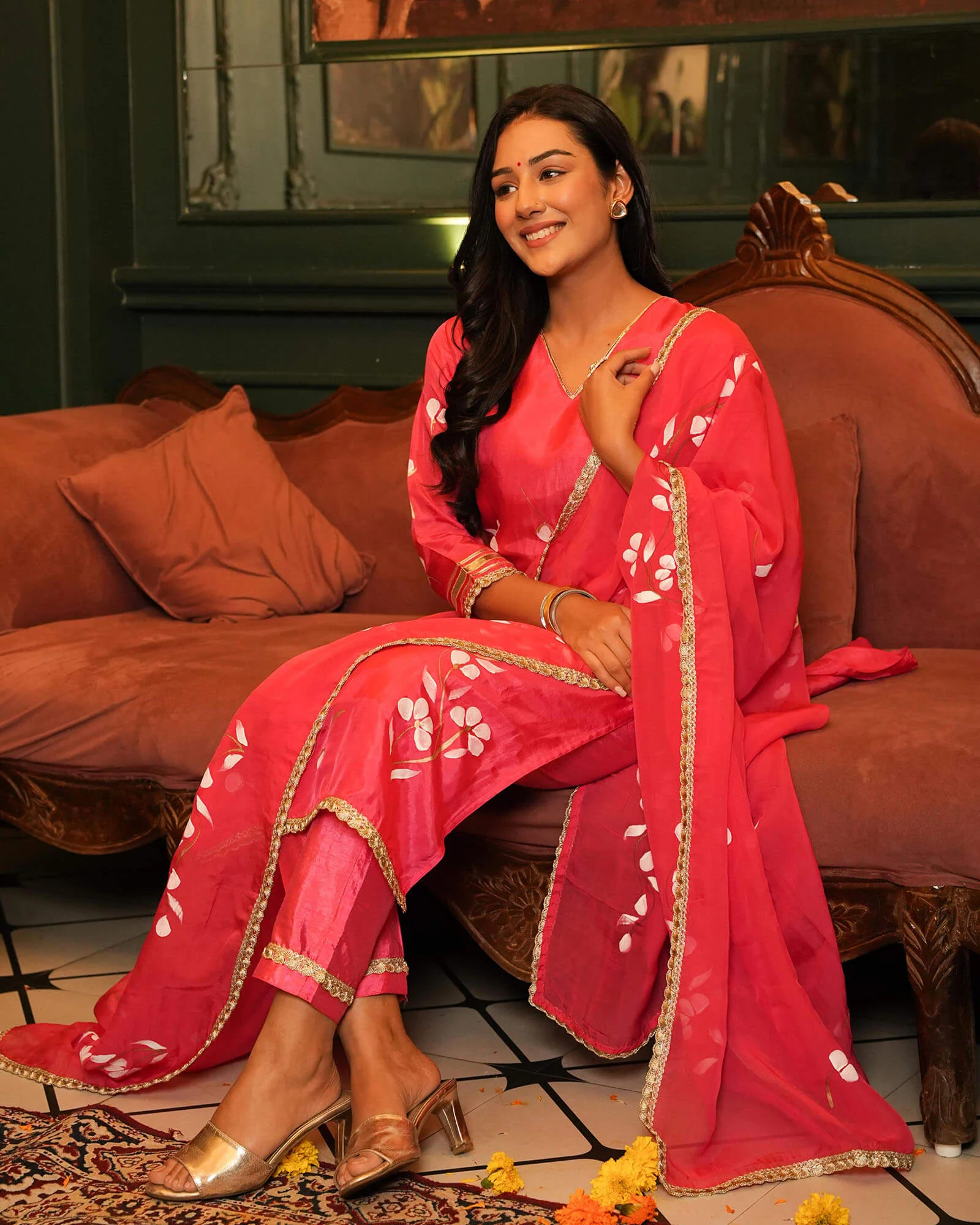 CARROT RED HAND PAINTED OPADA SUIT SET - Image 3