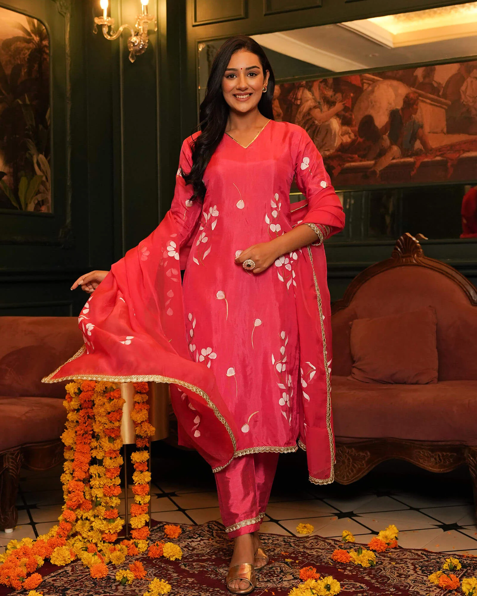 CARROT RED HAND PAINTED OPADA SUIT SET - Image 4