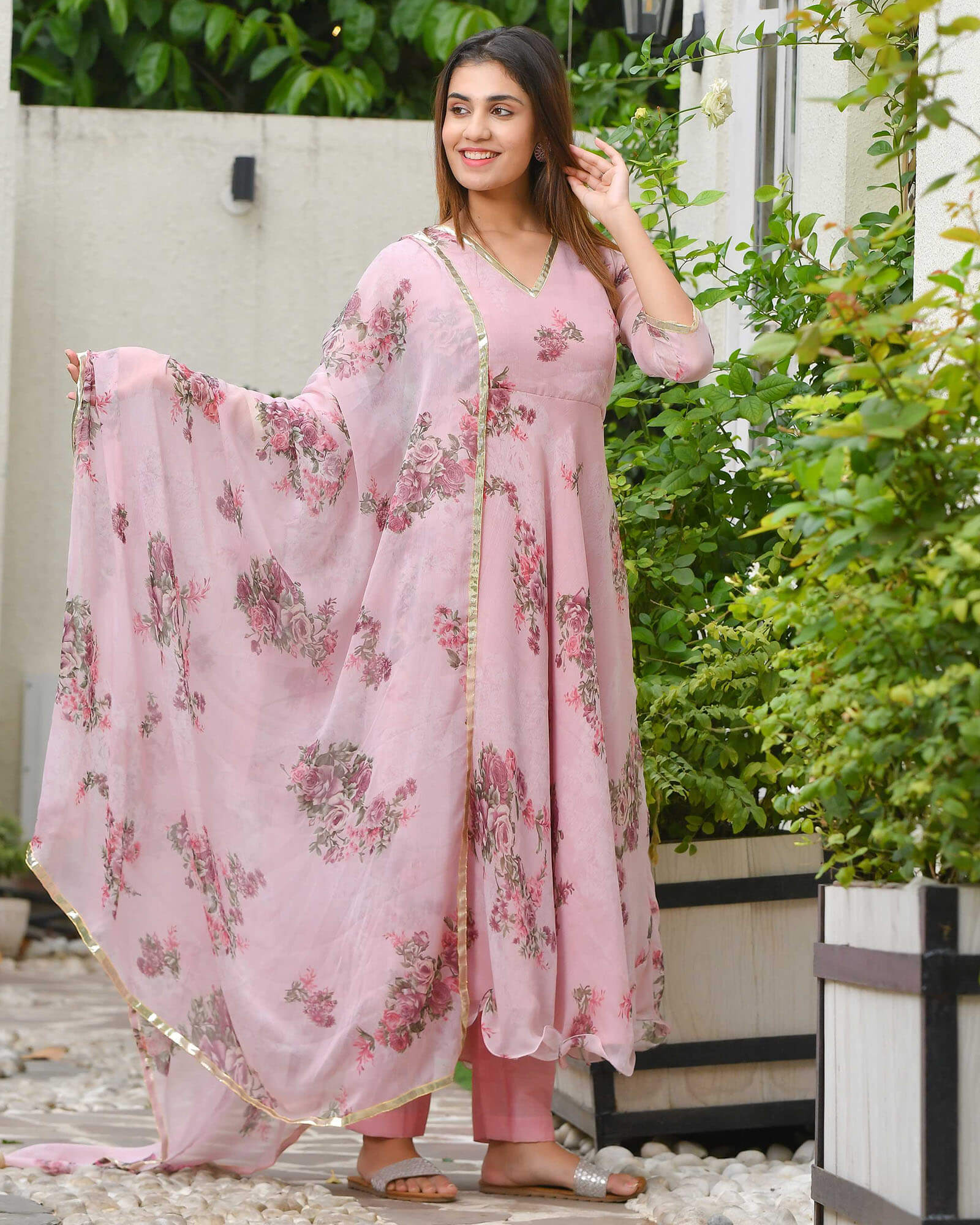 PINK MAUVE FLORAL CHIFFON SUIT SET - Image 3