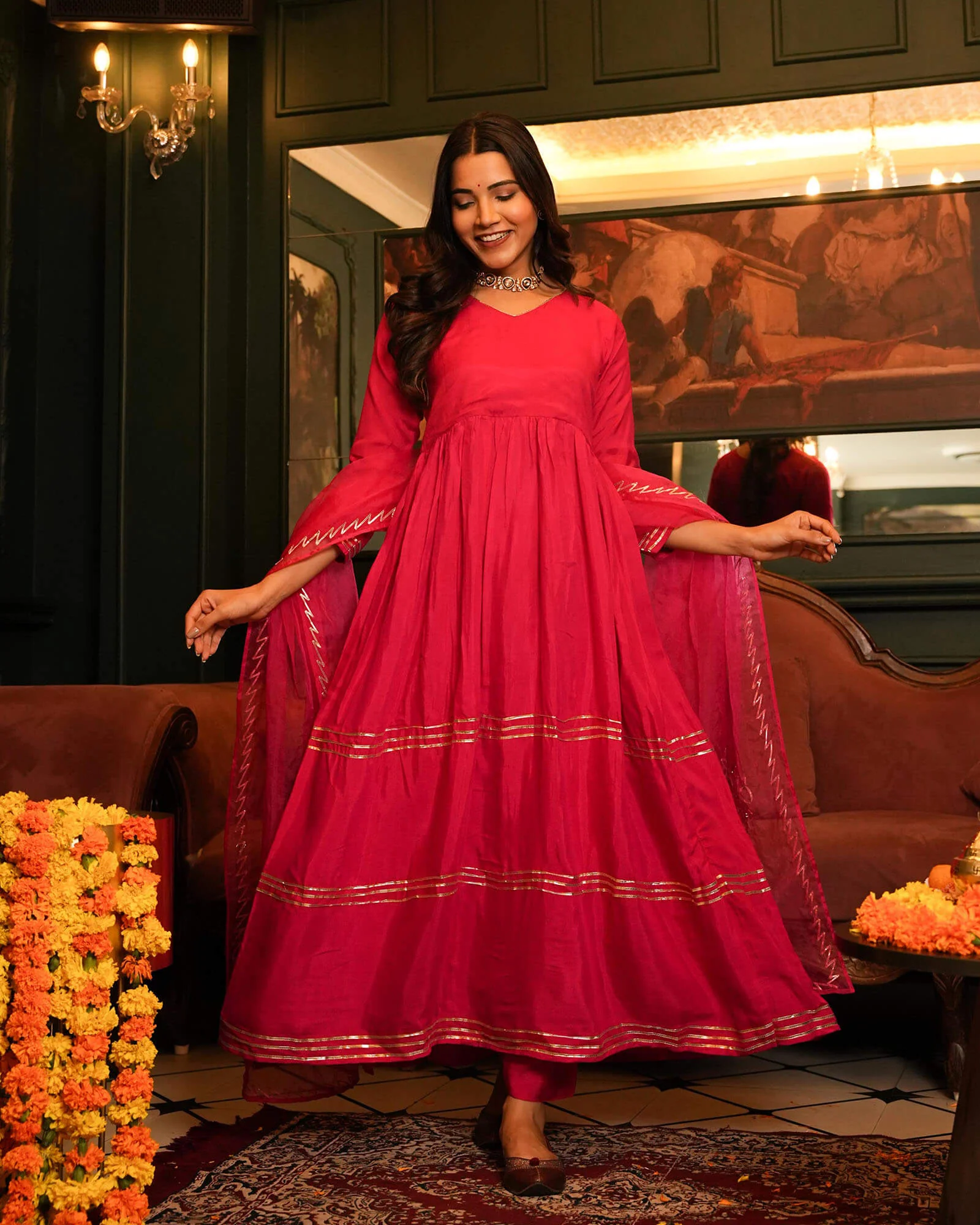 PINK PERFECT SHANTUNG ANARKALI SUIT SET - Image 3