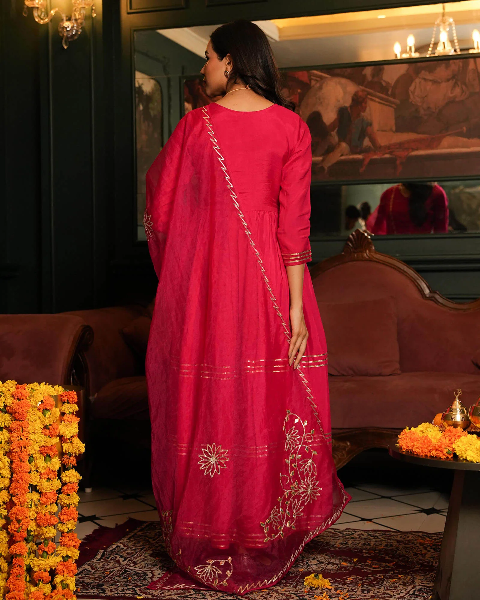 PINK PERFECT SHANTUNG ANARKALI SUIT SET - Image 5