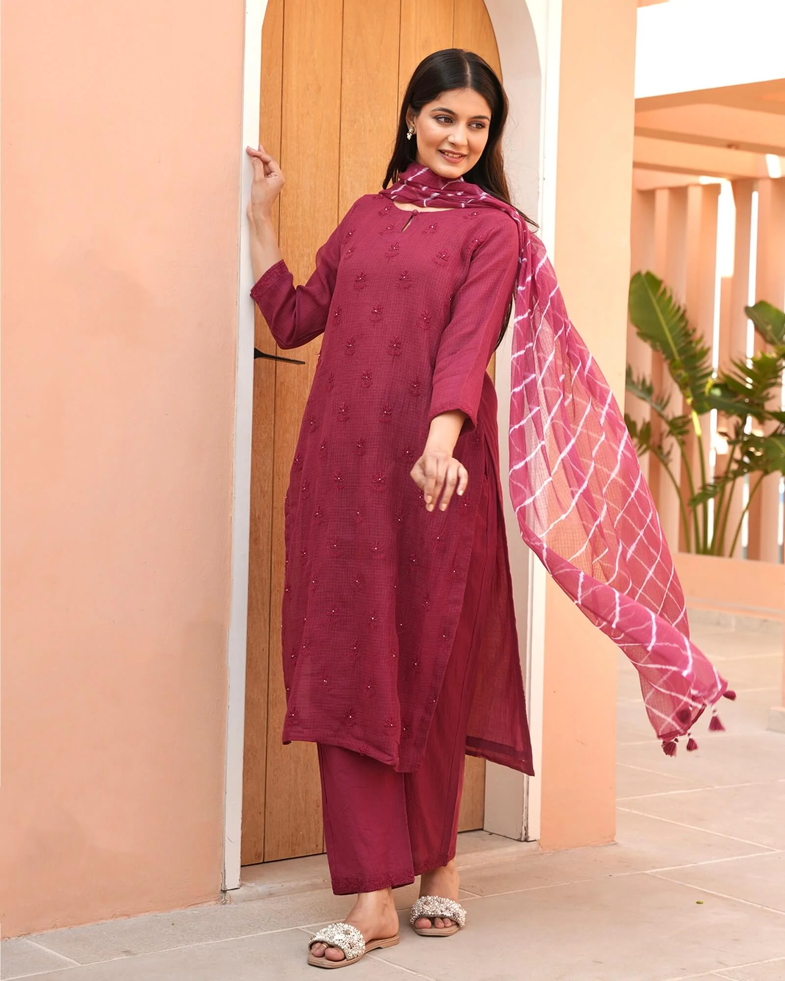 RED PLUM KOTA DORIA SUIT SET WITH EMBROIDERY - Image 3