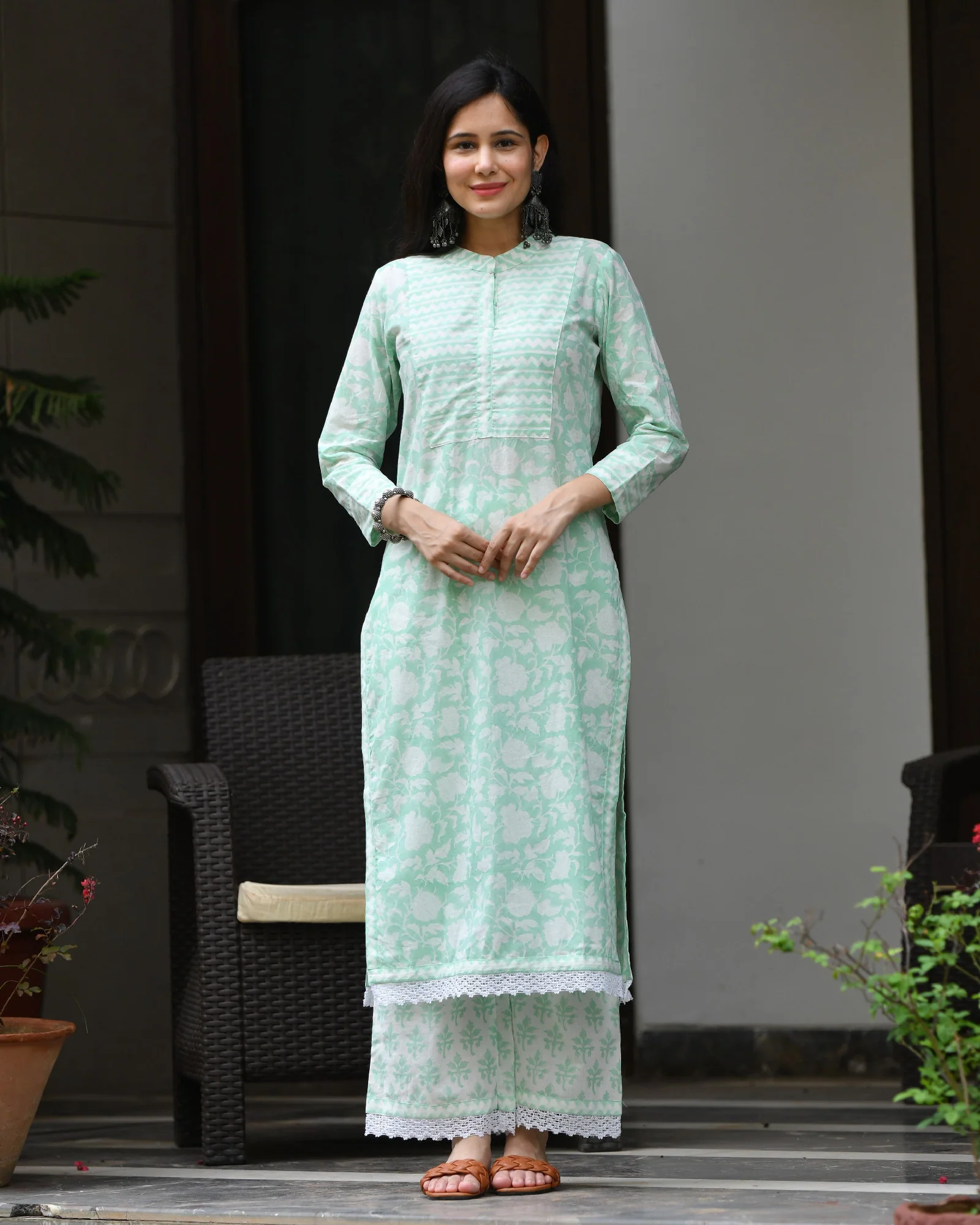 SEA GREEN COTTON HANDBLOCK KURTA SET - Image 3