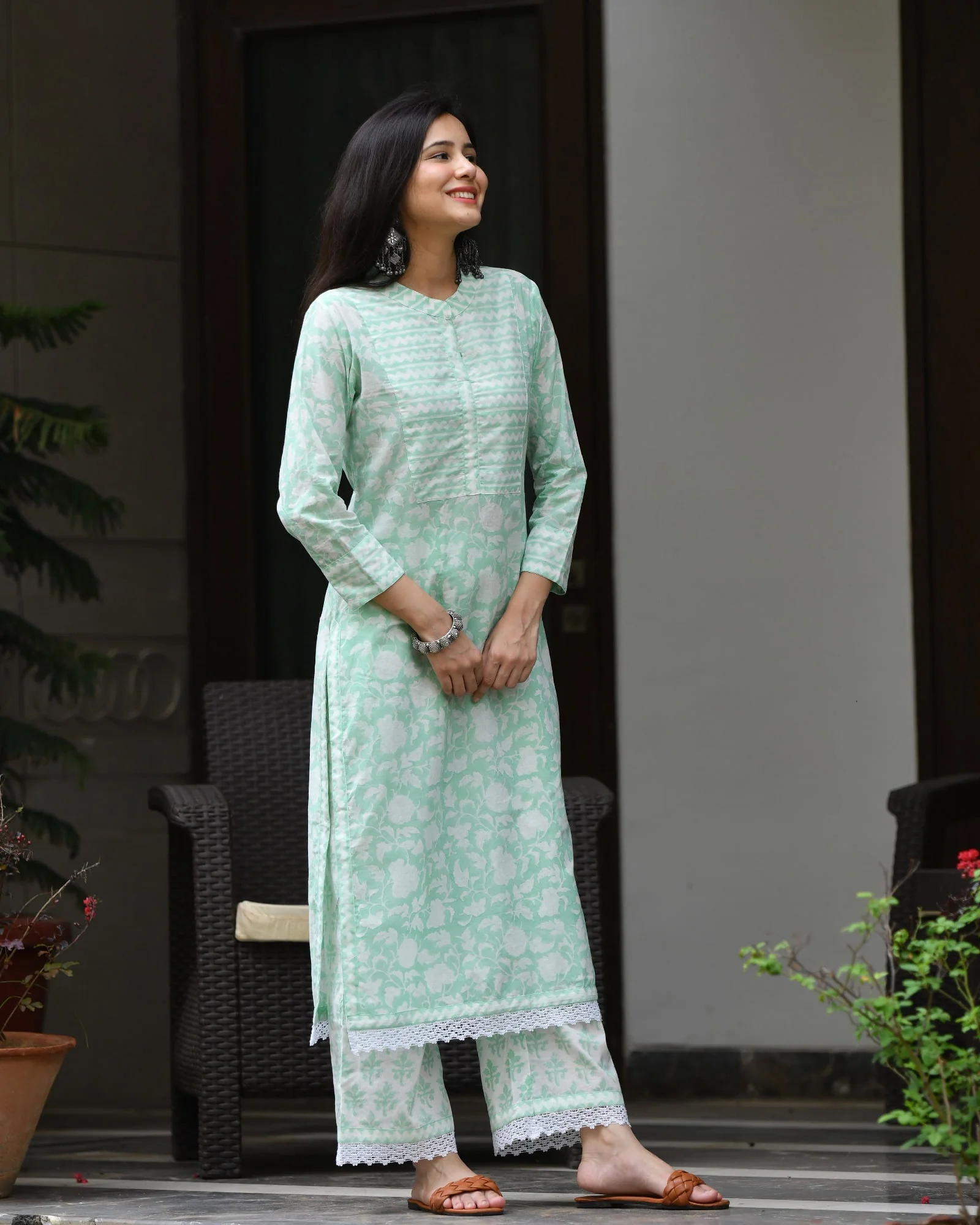 SEA GREEN COTTON HANDBLOCK KURTA SET - Image 4