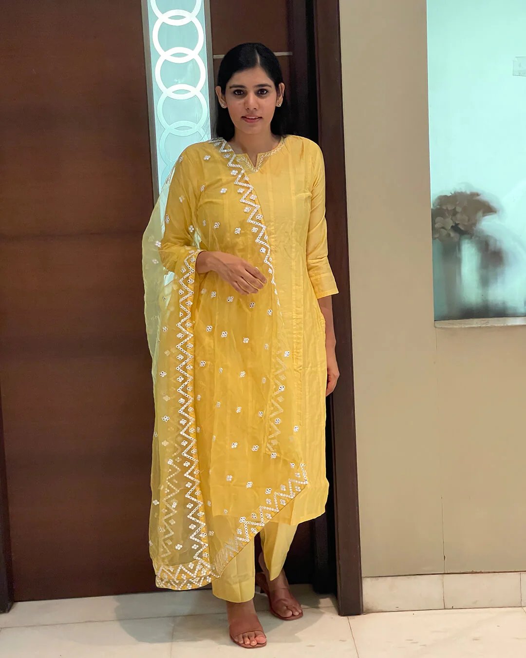 SUNSHINE YELLOW CHANDERI SUIT SET - Image 3