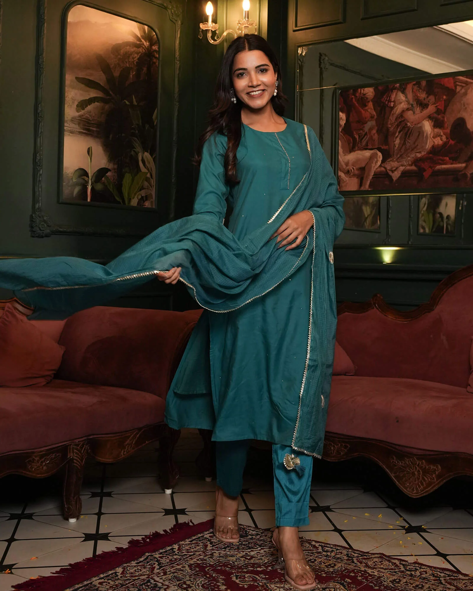 TEAL BLUE CHANDERI SUIT SET - Image 3