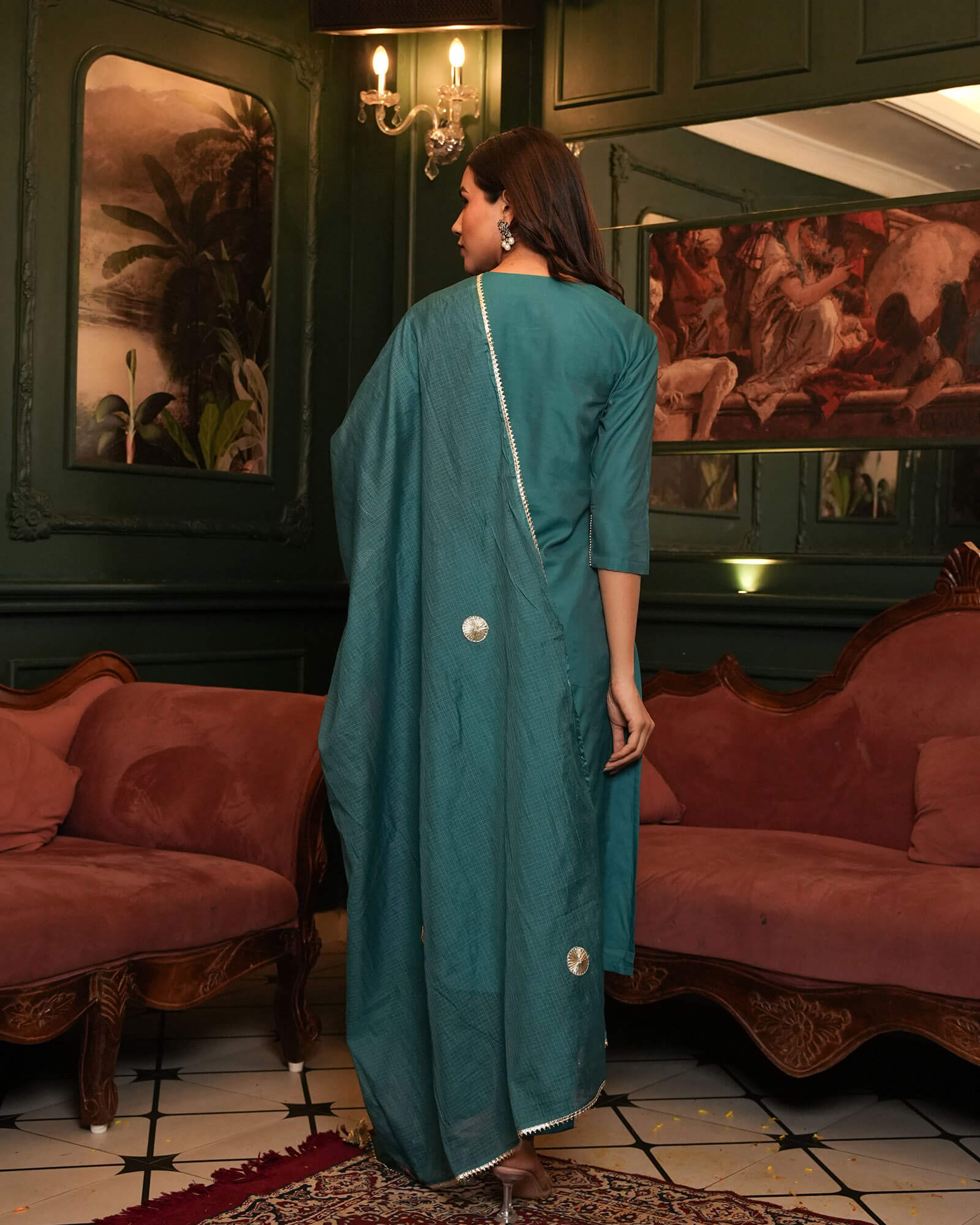 TEAL BLUE CHANDERI SUIT SET - Image 4